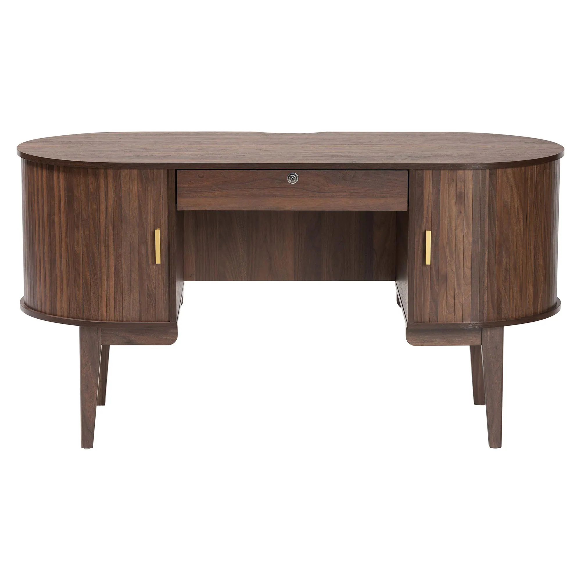 Left. Baxton Studio - Hayes Wood Writing Desk - Mid-Century Modern Oval Desk with Locking Drawer and Sliding Tambour Doors for Office or Home - Walnut Brown.