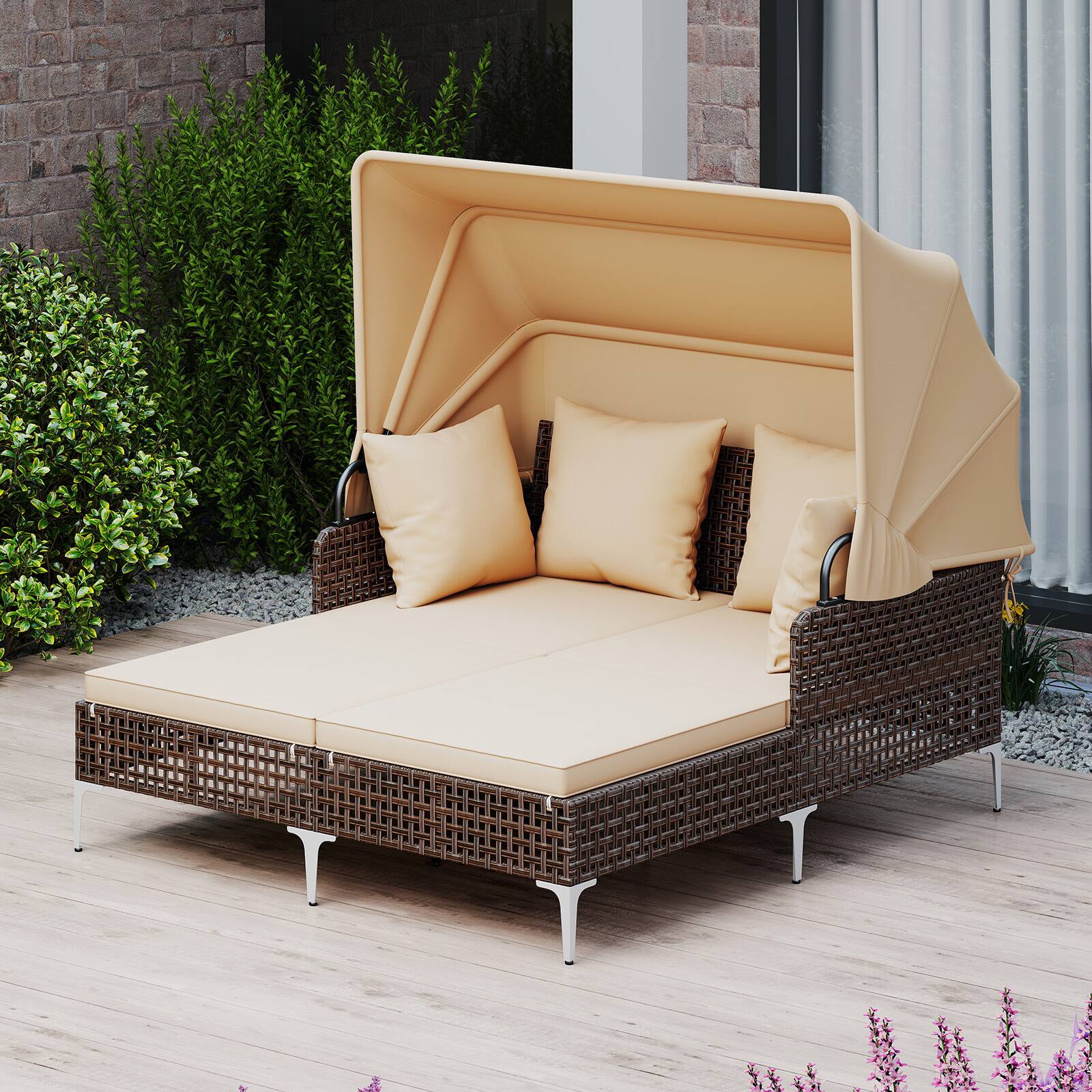 Alt View 3. Gymax - Gymax Outdoor Daybed w/ Retractable Canopy PE Wicker Rattan Patio Double Chaise Lounger Brown - Beige.