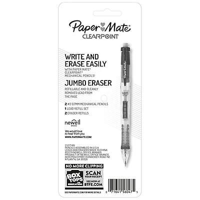 Paper Mate Clearpoint  
Write and Erase Easily with Paper Mate Clearpoint Mechanical Pencils and Jumbo Eraser  
- Retractable and Cleanly Removes Lead from the Page  
- 2 #2 0.7mm Mechanical Pencils  
- 1 Lead Refill Set  
- 2 Eraser Refills  

Newell Brands  
We would love to hear from you  
newellbrands.com  

Paper Mate  
Made in China  

No More Clipping  
Scan Your Receipt  
See Now at Education BTFE.com  

71641 6047