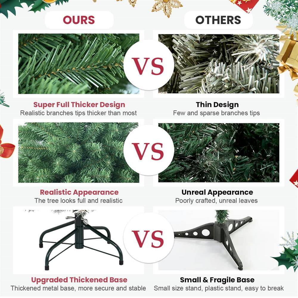 **OURS**  
- Super Full Thicker Design  
  Realistic branches tips thicker than most  

- Realistic Appearance  
  The tree looks full and realistic  

- Upgraded Thickened Base  
  Thickened metal base, more secure and stable  

**VS**  

**OTHERS**  
- Thin Design  
  Few and sparse branches tips  

- Unreal Appearance  
  Poorly crafted, unreal leaves  

- Small & Fragile Base  
  Small size stand, plastic stand, easy to break