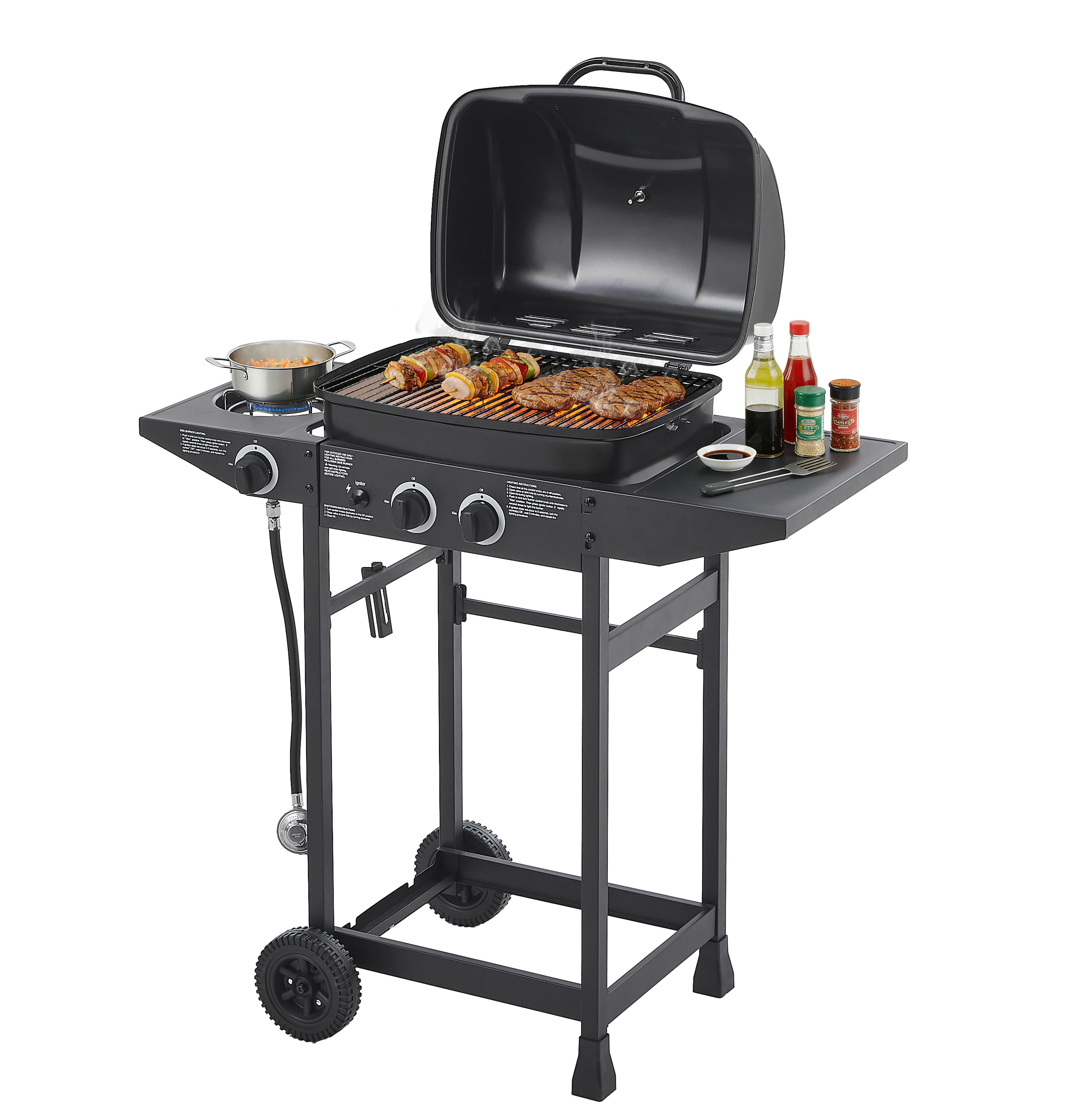 COWLOWN - 2 Burner Propane Gas Grill with Side Burner 24000 BTU Stainless Steel Enameled Grates