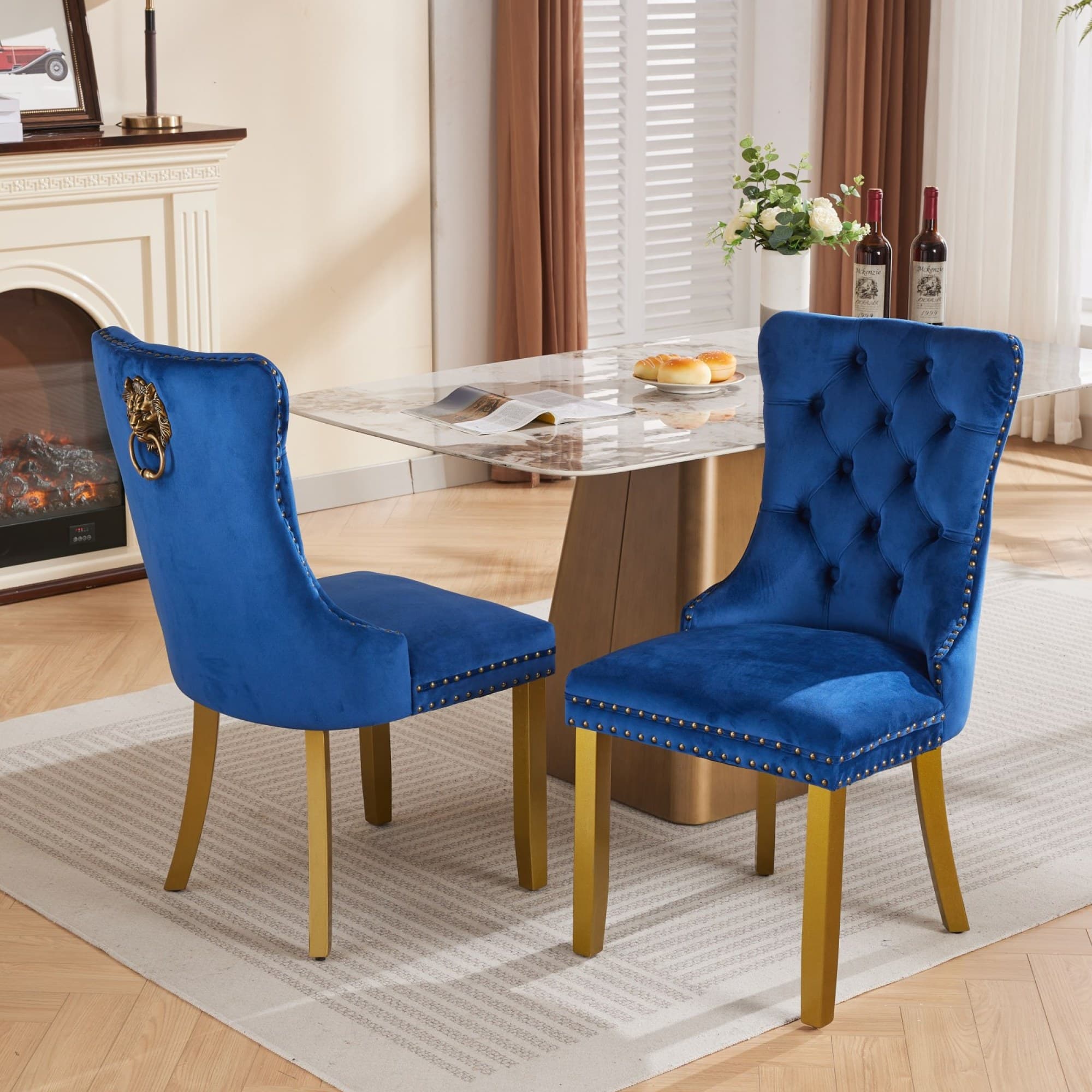 GOODSILO - Modern Tufted Velvet Dining Chairs with Lion Head Pull Rings and Golden Wooden Legs, Set of 2 - Blue