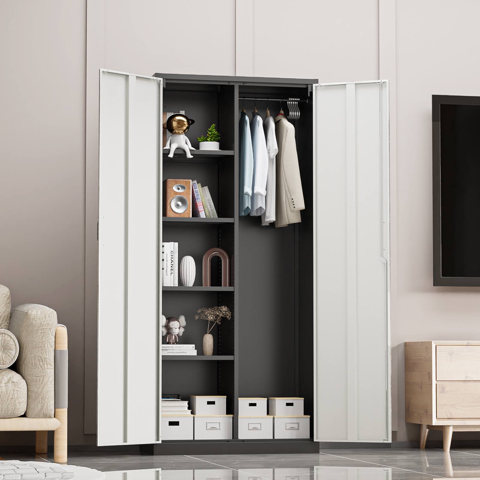 Angle. Winado - Heavy Duty Metal Storage Cabinet Anti-Tip Locking Cabinet Armoire Wardrobe with Hanging Rod & Shelves for School, Office - Black & Gray.