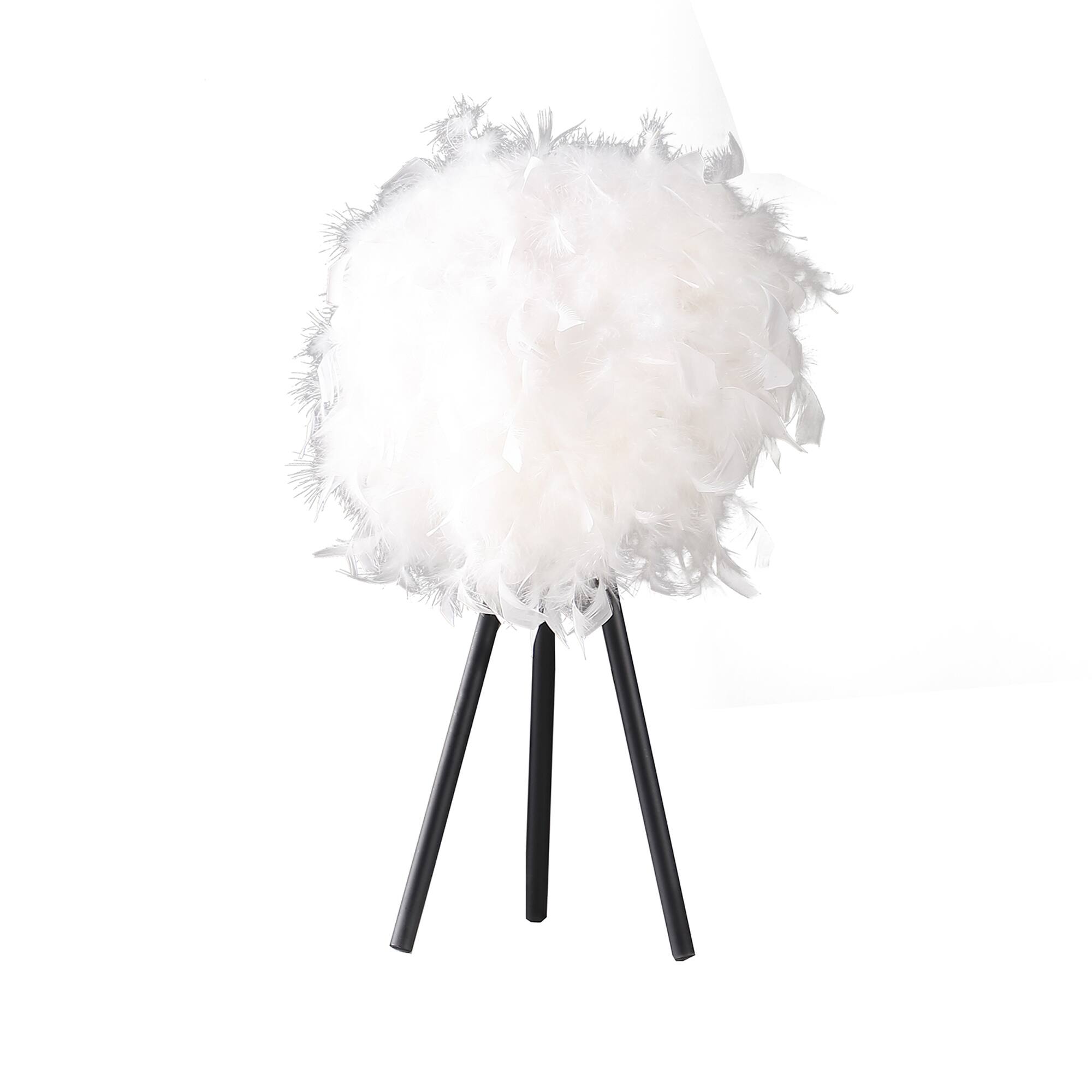 Front. Manhattan Lane - Rio 21 Inch Accent Table Lamp, Feather Shade, Metal Tripod Base - White, Black.