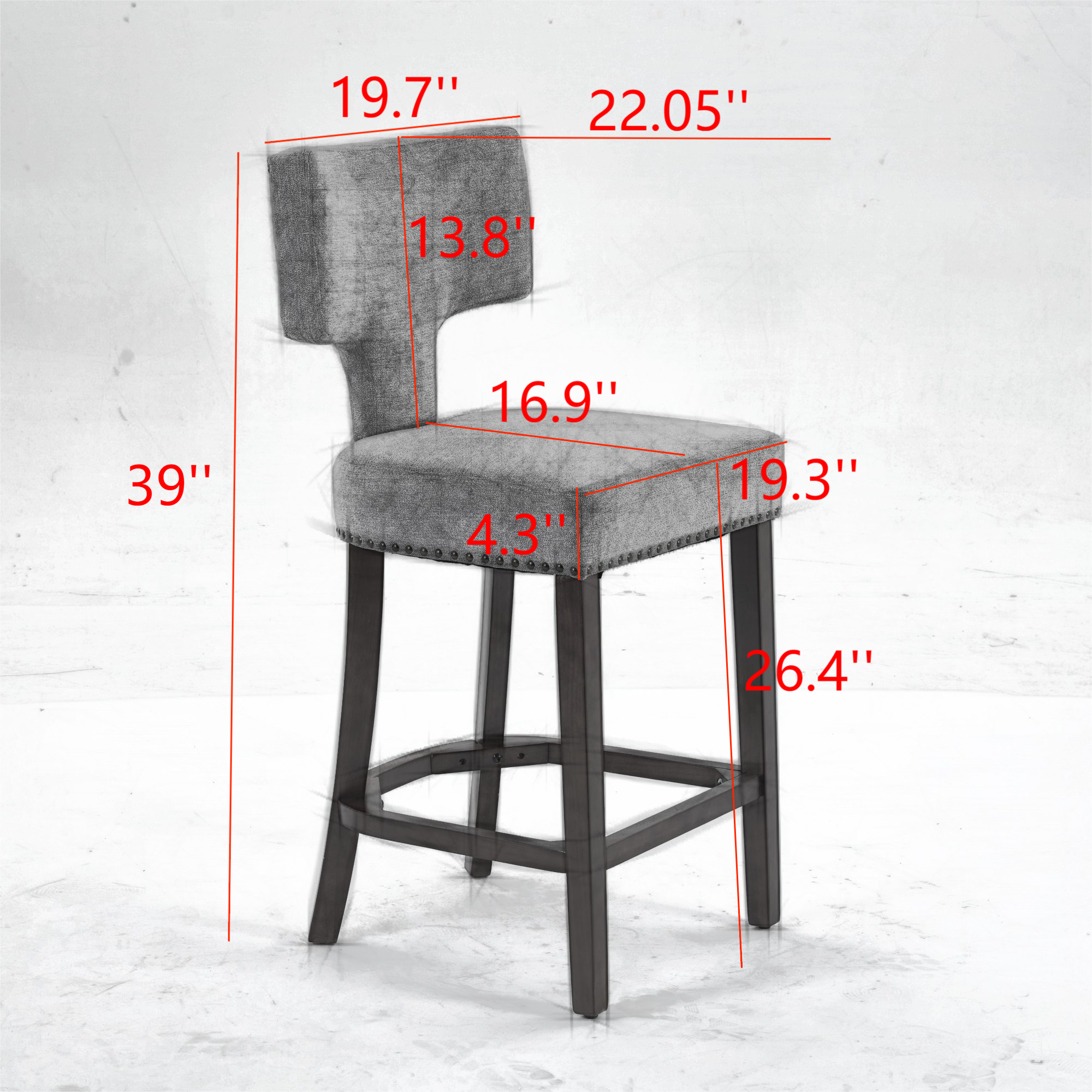 - Height: 39"
- Width: 22.05"
- Depth: 19.7"
- Seat Height: 26.4"
- Seat Depth: 19.3"
- Back Height: 16.9"
- Back Width: 13.8"
- Armrest Height: 4.3"