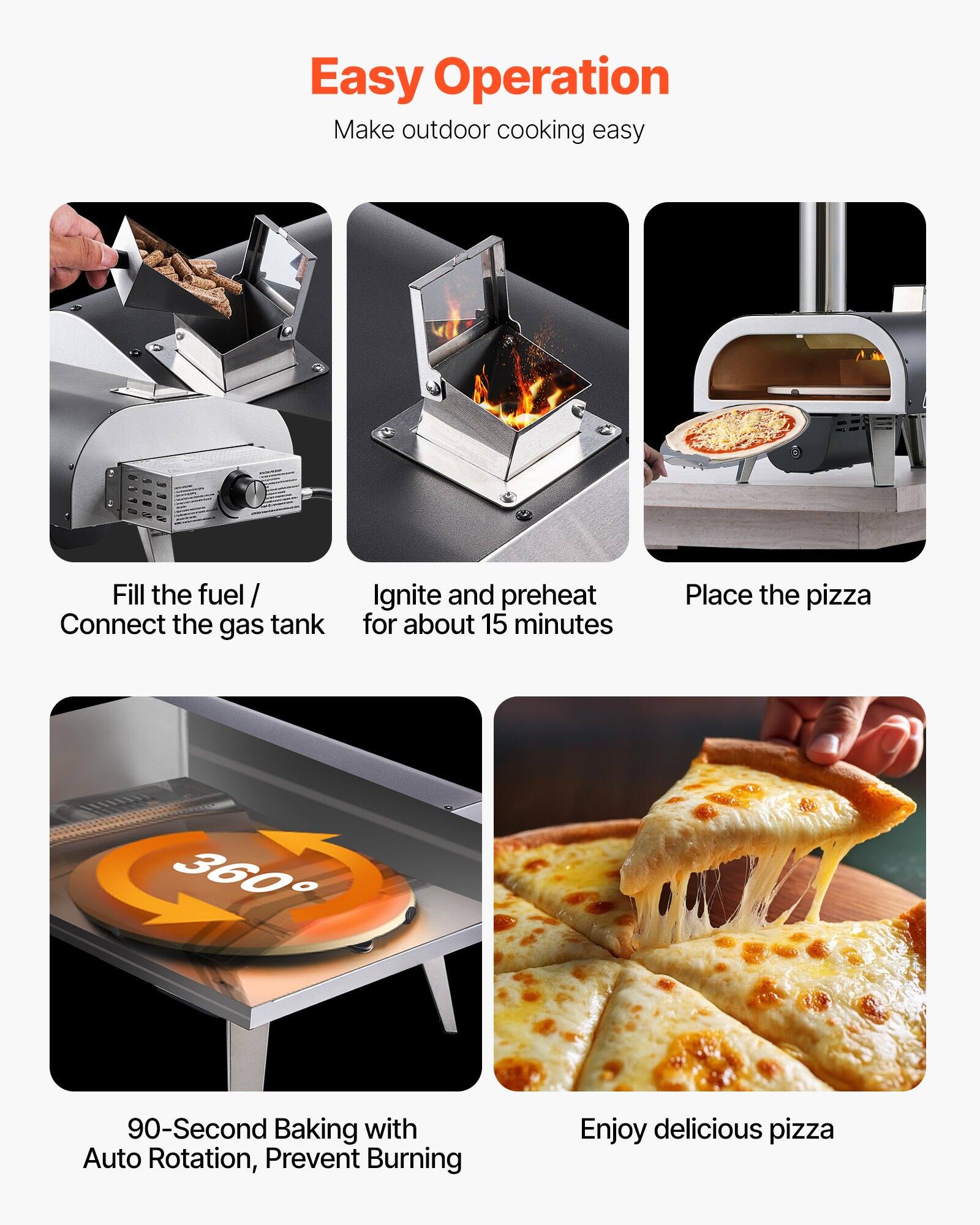 Easy Operation  
Make outdoor cooking easy

1. Fill the fuel / Connect the gas tank
2. Ignite and preheat for about 15 minutes
3. Place the pizza
4. 90-Second Baking with Auto Rotation, Prevent Burning
5. Enjoy delicious pizza