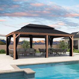 PURPLE LEAF - Hardtop Outdoor Wood Grain Aluminum Gazebo with Double Roof for Patio Lawn and Garden, Netting Included - 14' X 20'
