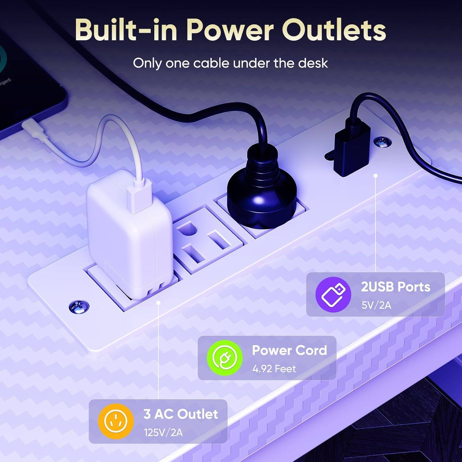 Built-in Power Outlets  
Only one cable under the desk  

2 USB Ports  
5V/2A  

Power Cord  
4.92 Feet  

3 AC Outlet  
125V/2A