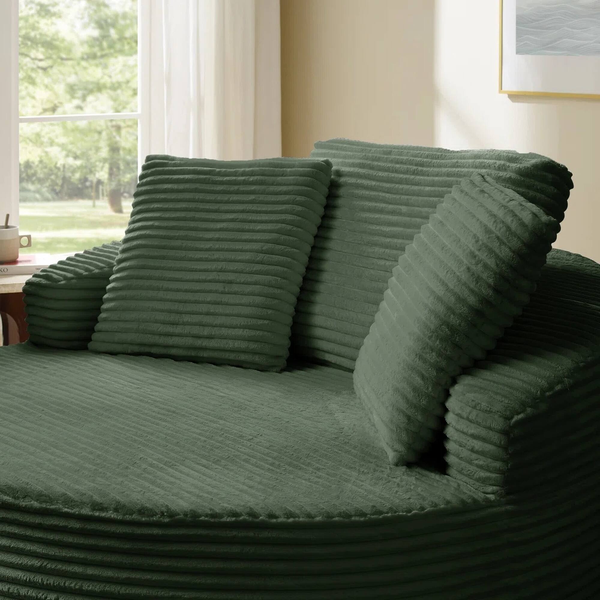 Alt View 3. Yardgrace - Oversized 55.1" Round Corduroy Chaise Lounge – Deep Seat Cloud Sofa, No Assembly Needed - Green.