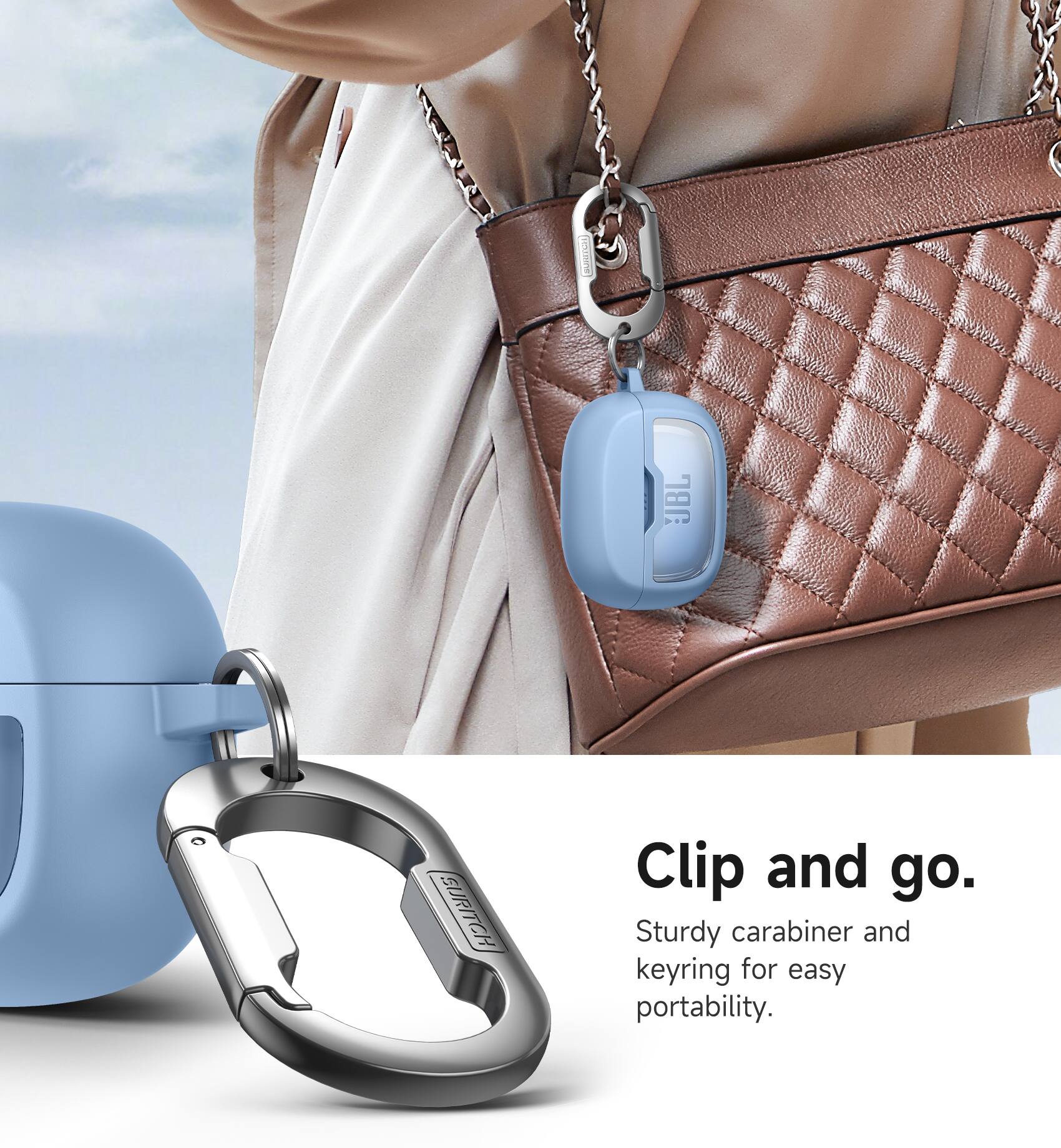 I JBL GURITCH Clip and go. Sturdy carabiner and keyring for easy portability.