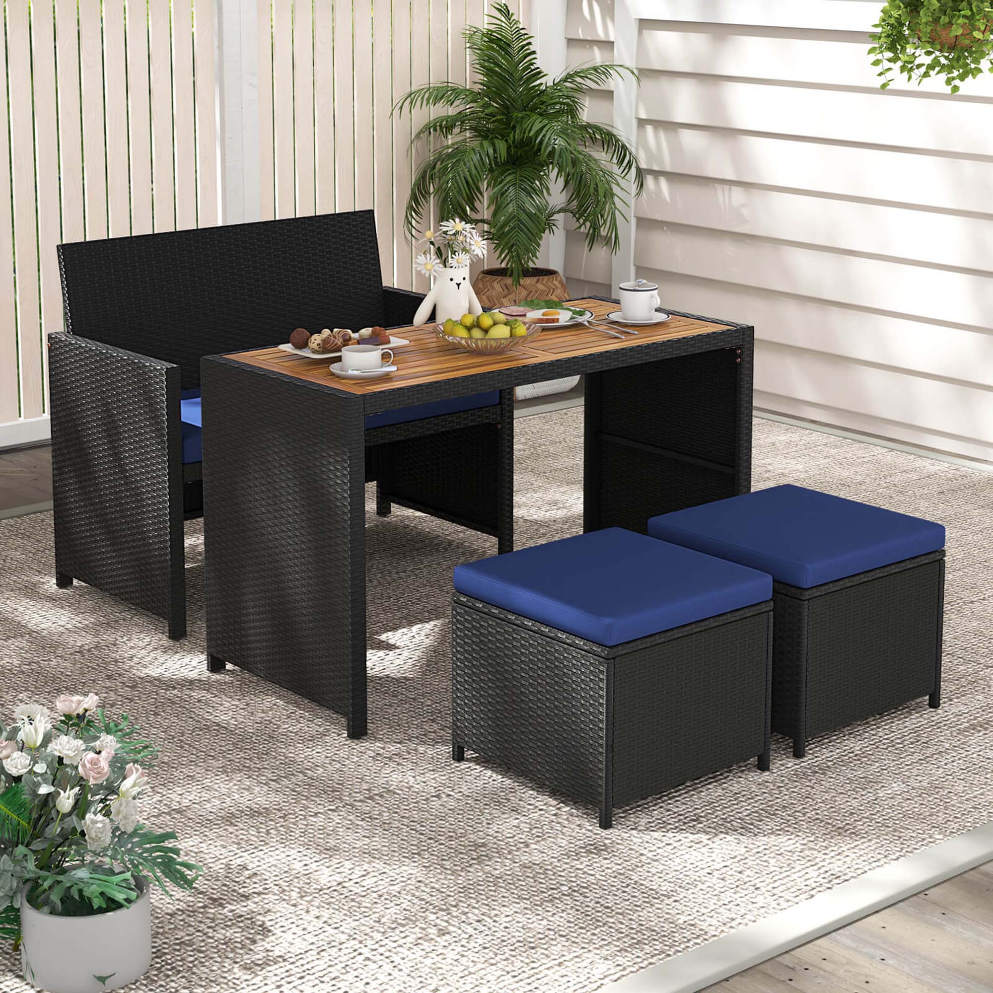 Alt View 1. Costway - Costway 4 PCS Outdoor Dining Set, Rattan Loveseat Chair & 2 Ottomans - Blue.