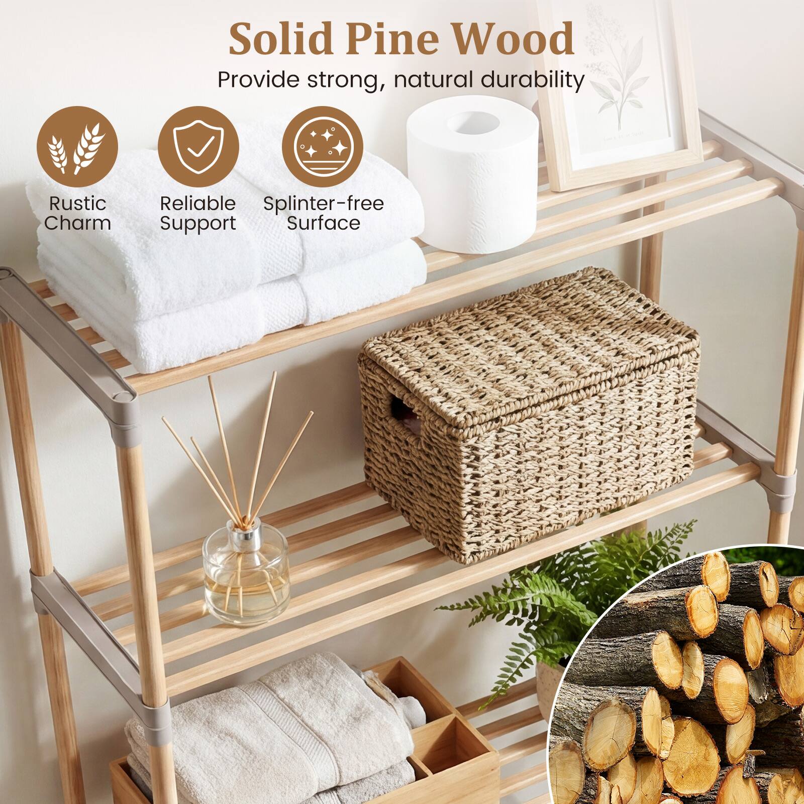 Solid Pine Wood  
Provide strong, natural durability  

- Rustic Charm  
- Reliable Support  
- Splinter-free Surface