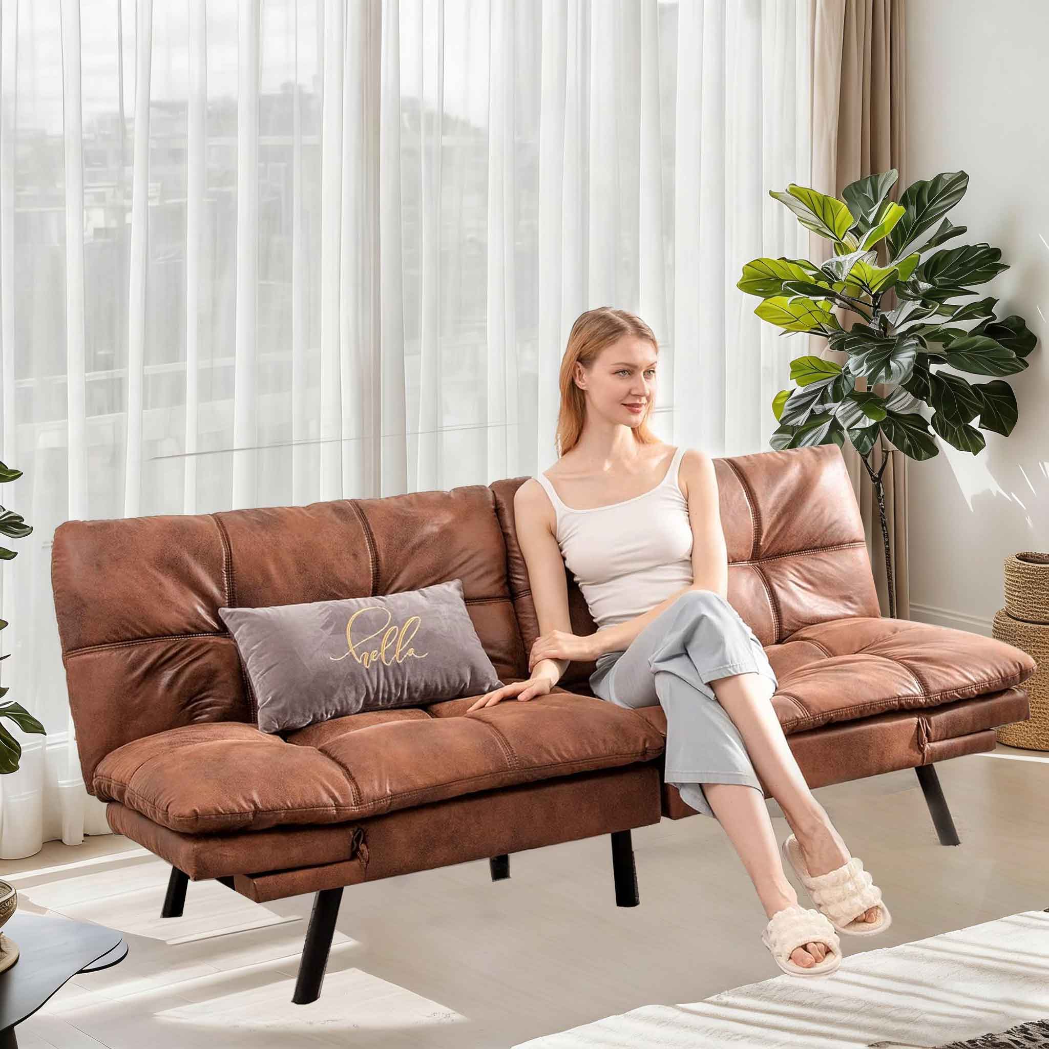 Dyonery - Brown Faux Leather Sofa Bed, Adjustable Backrest & Armrests, Multifunctional Small Loveseat Sleeper Sofa - Brown