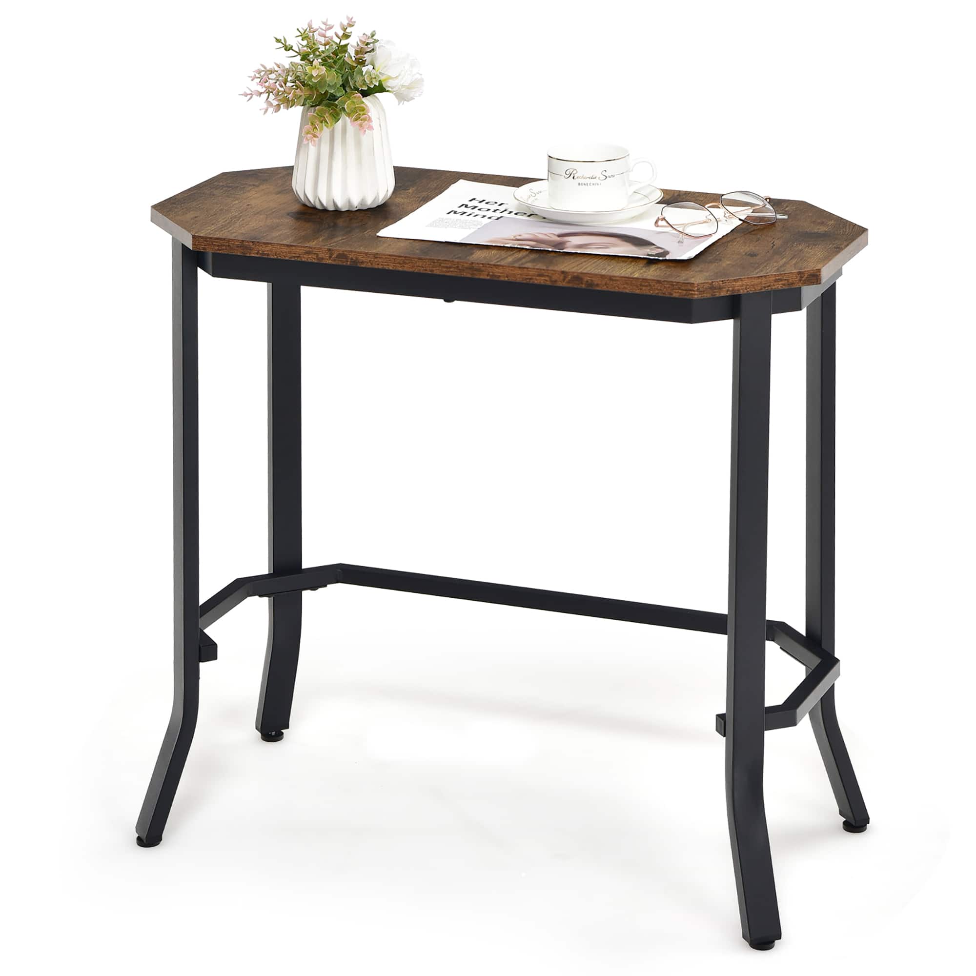 Costway - Narrow End Side Sofa Table Stable Steel Frame for Living Room Bedroom - Rustic Brown