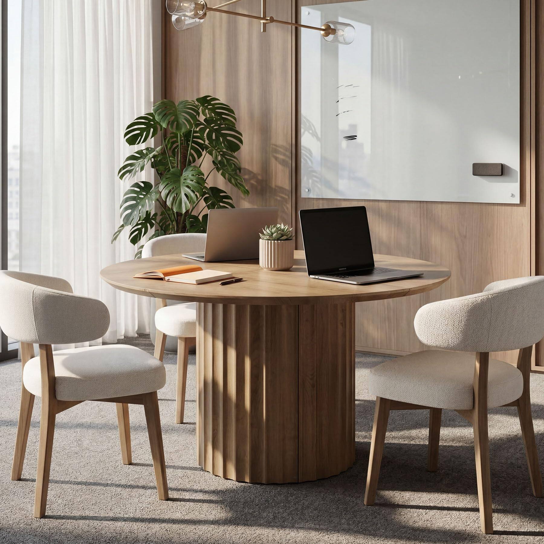 Left. Tribesigns - 47-Inch Round Conference Table for 4-6 People, Modern Rustic Round Office Table with Sturdy Base, Wood Meeting Room Use - Rustic Brown.