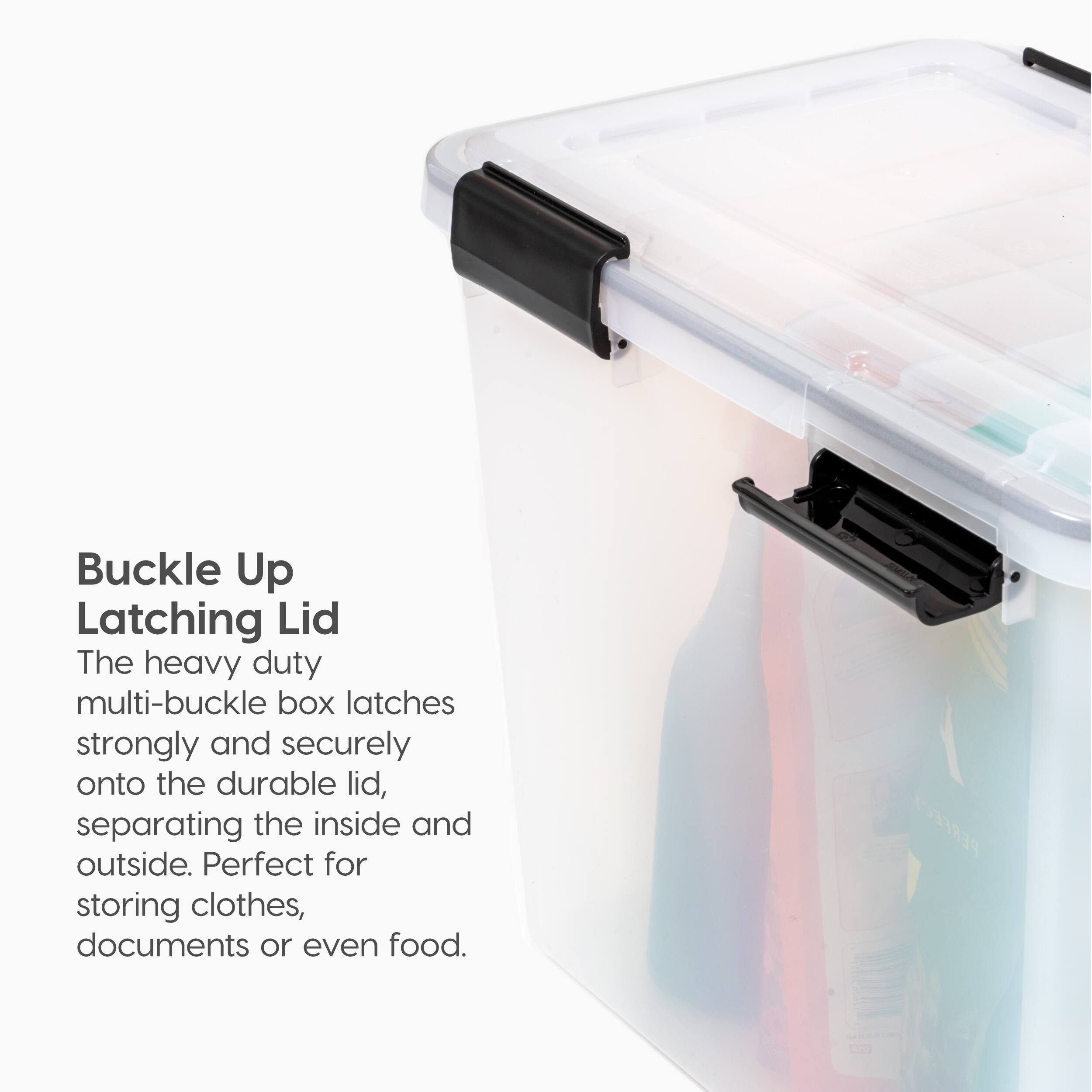 Buckle Up Latching Lid

The heavy duty multi-buckle box latches strongly and securely onto the durable lid, separating the inside and outside. Perfect for storing clothes, documents or even food.