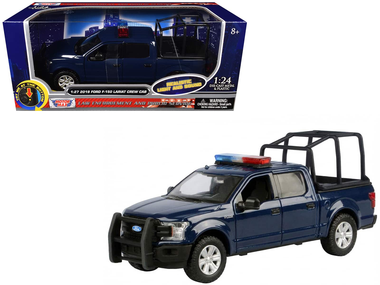 Motormax - 2019 Ford F-150 Lariat Crew Cab Pickup Truck, Bed Cage, Flashing Light Bar, Lights & Sounds 1/27 - Dark Blue