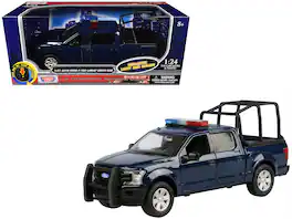 Motormax - 2019 Ford F-150 Lariat Crew Cab Pickup Truck, Bed Cage, Flashing Light Bar, Lights & Sounds 1/27 - Dark Blue