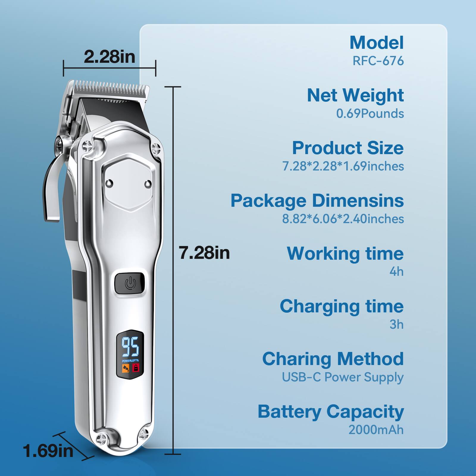 2.28in  
Model RFC-676  
Net Weight 0.69Pounds  
Product Size 7.28*2.28*1.69inches  
Package Dimensions 8.82*6.06*2.40inches  
Working time 4h  
Charging time 3h  
Charging Method USB-C Power Supply  
Battery Capacity 2000mAh