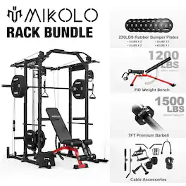 Mikolo - Power Rack Cage, 1500 lbs Weight Rack with Cable Crossover Machine, Multi-Function Squat Rack - Black