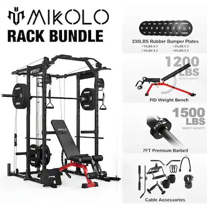 MIKOLLO RACK BUNDLE
- 230LBS Rubber Bumper Plates
- 10LBS x 2
- 25LBS x 2
- 35LBS x 2
- 45LBS x 2
- FID Weight Bench
- 1200 LBS WEIGHT CAPACITY
- 7FT Premium Barbell
- 1500 LBS WEIGHT CAPACITY
- Cable Accessories