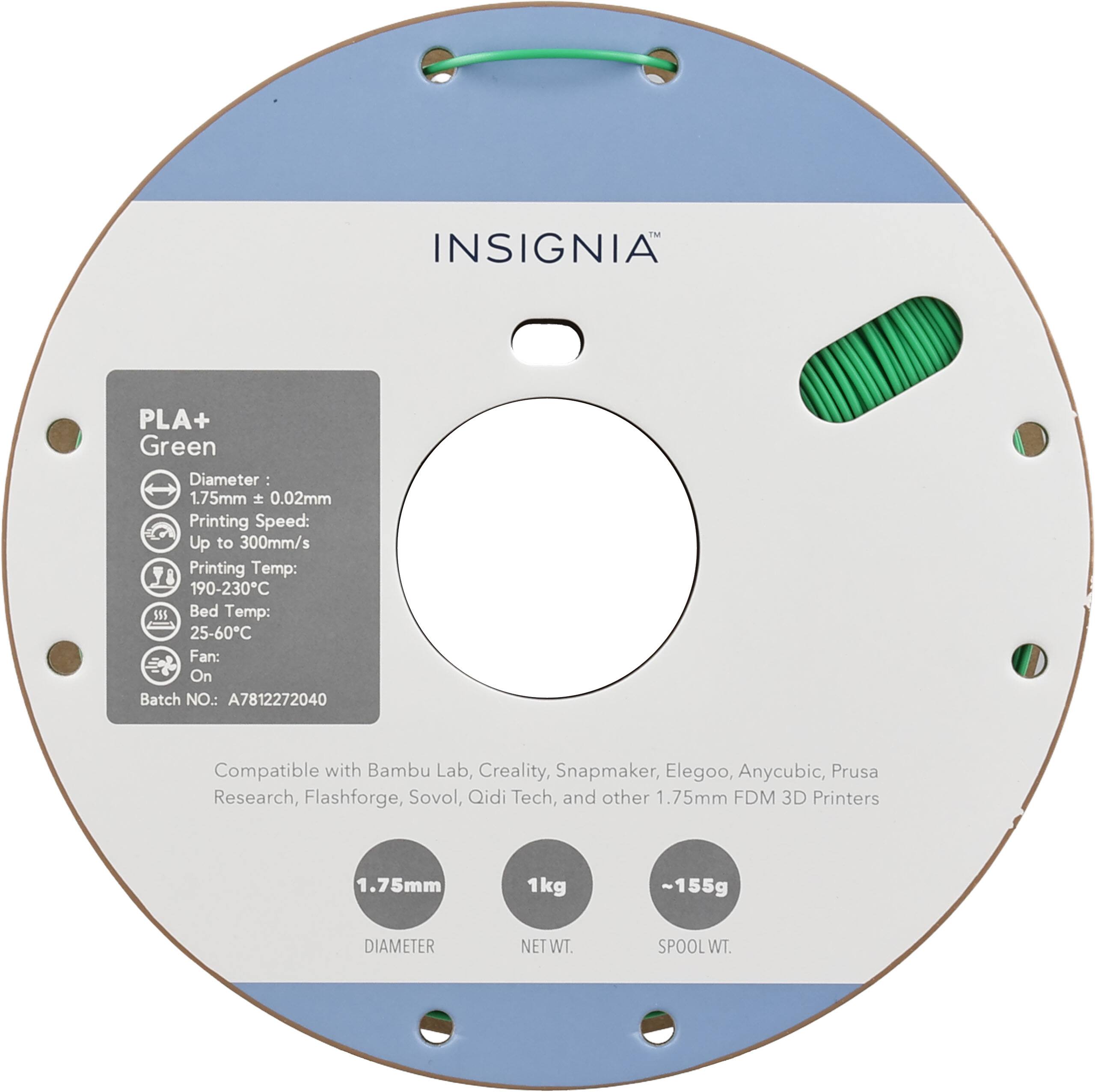 INSIGNIA PLA+ Green  
Diameter: 1.75mm ± 0.02mm  
Printing Speed: Up to 300mm/s  
Printing Temp: 190-230°C  
Bed Temp: 25-60°C  
Fan: On  
Batch NO.: A7812272040  

Compatible with Bambu Lab, Creality, Snapmaker, Elegoo, Anycubic, Prusa Research, Flashforge, Sovol, Qidi Tech, and other 1.75mm FDM 3D Printers  

1.75mm  
DIAMETER  
NET WT. 1kg  
SPOOL WT. ~155g