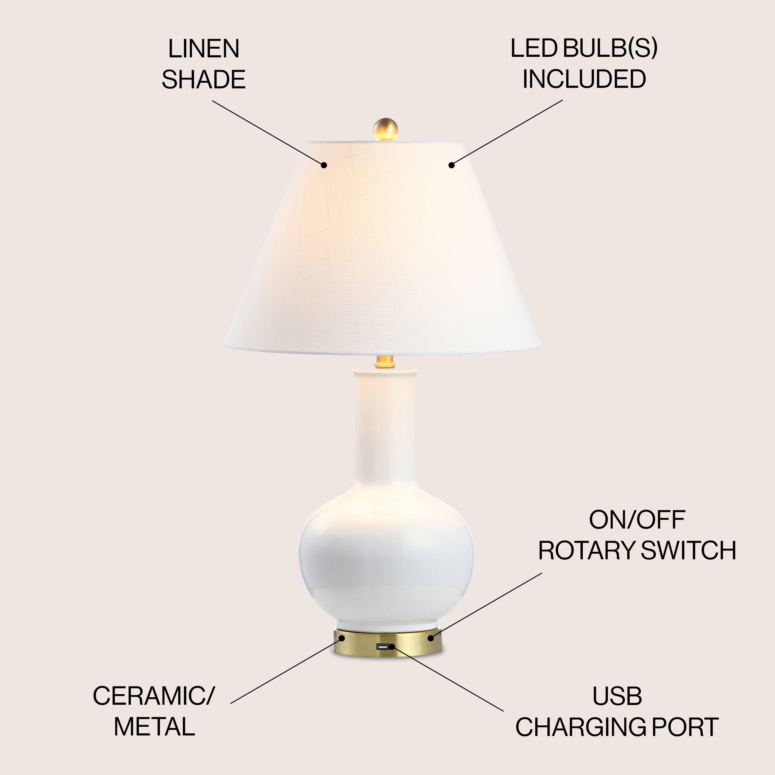 LINEN SHADE  
LED BULB(S) INCLUDED  
ON/OFF ROTARY SWITCH  
CERAMIC/ METAL  
USB CHARGING PORT