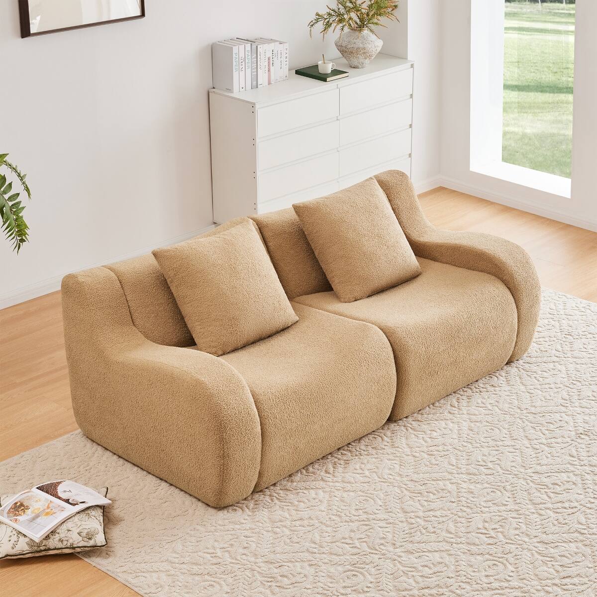 Ropilly Teddy Fabric Loveseat Sofa, 2 Seat Modular Sofa, Camel ...