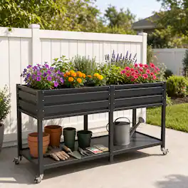 Loheer - Elevated Raised Garden Bed with Wheels Metal Planter Box Two Tier Patio Rolling Planter with Storage Shelf