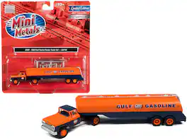 1960 Ford Tanker Truck "Gulf Oil" 1/87 (HO) Scale Model by Classic Metal Works - Orange and Blue