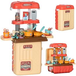 Qaba - 3 in 1 Kids Kitchen Playset, Foldable Play Kitchen Set Converted into Travel Luggage, 36Pcs Play Kitchen Accessories