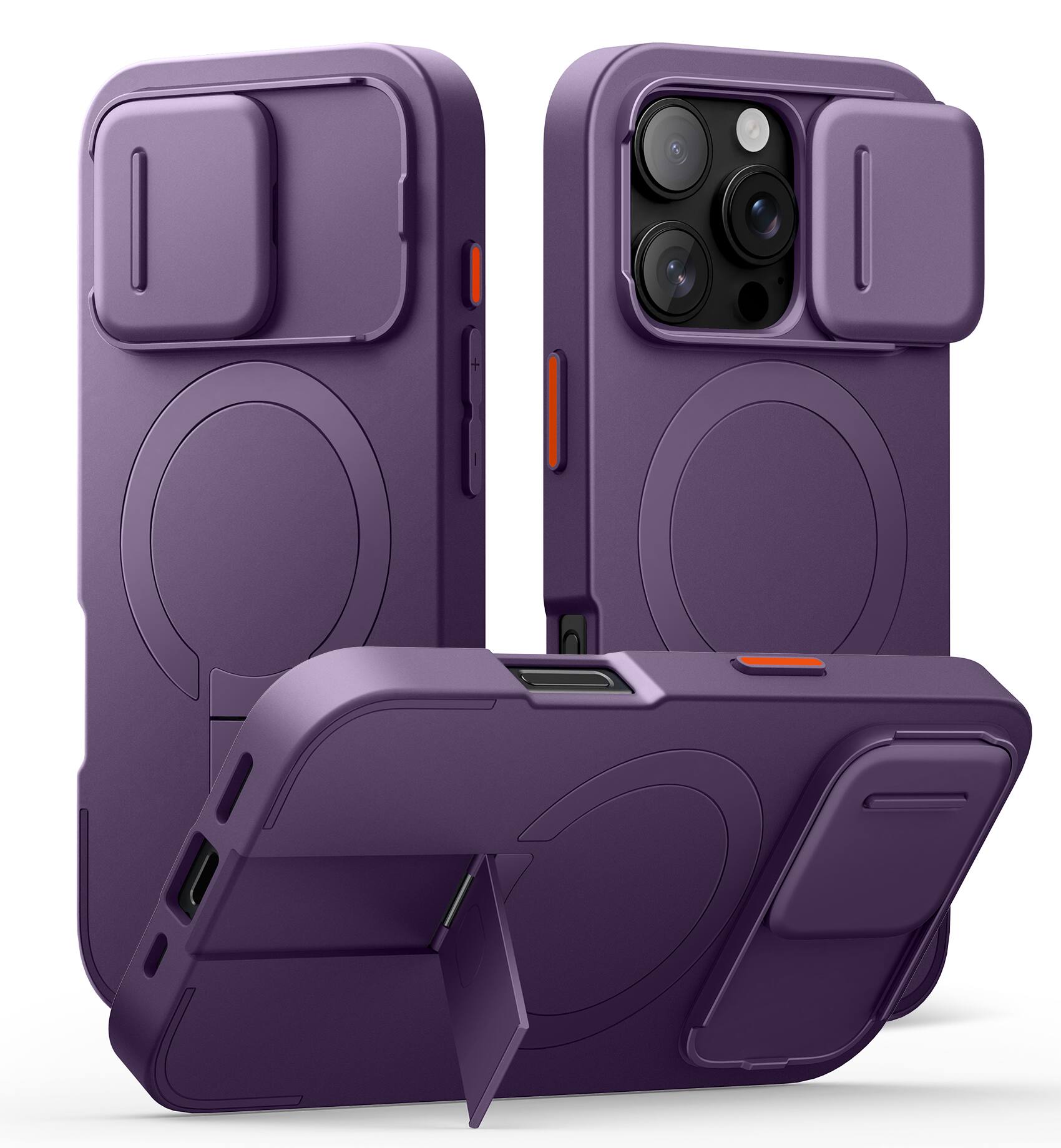 Left. SURITCH - Bumper Case for iPhone 16 Pro with Camera Cover, Compatible with MagSafe, Kickstand, Shockproof Slim Protective Cover - Dark Purple.