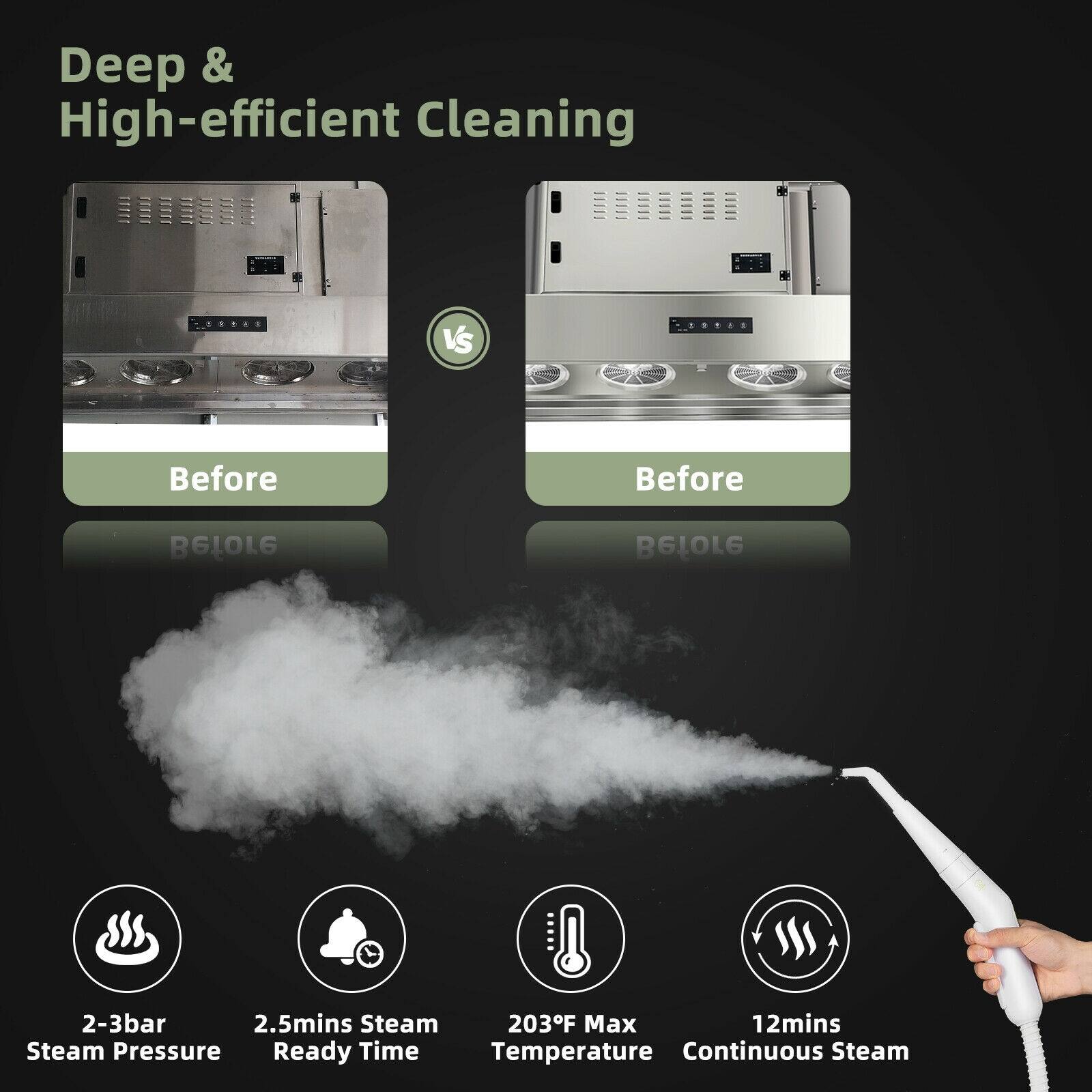 Deep & High-efficient Cleaning

2-3bar Steam Pressure
2.5mins Steam Ready Time
203F Max Temperature
12mins Continuous Steam