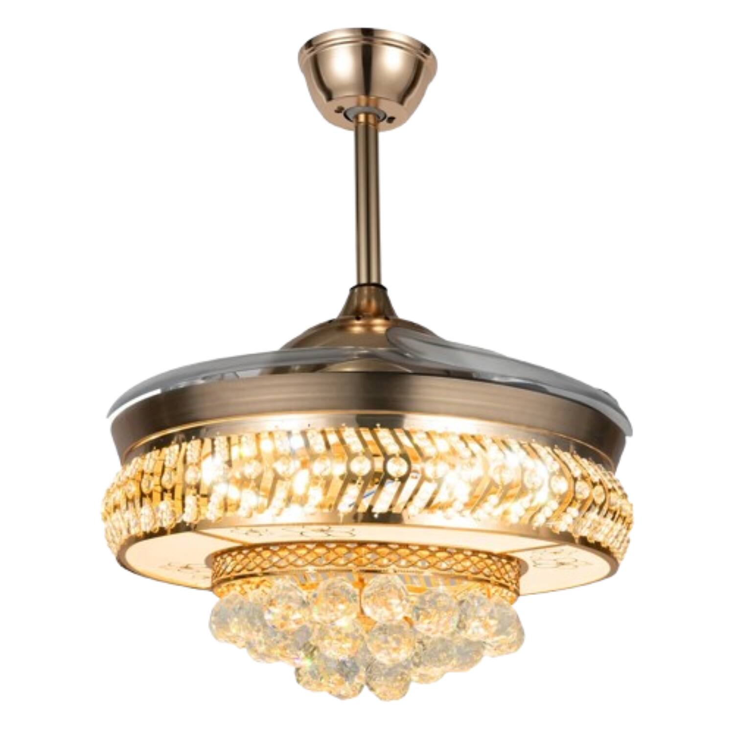 Front. Home Collection - 42" Crystal Retractable Ceiling Fan Light with Remote, LED Gold Chandelier.