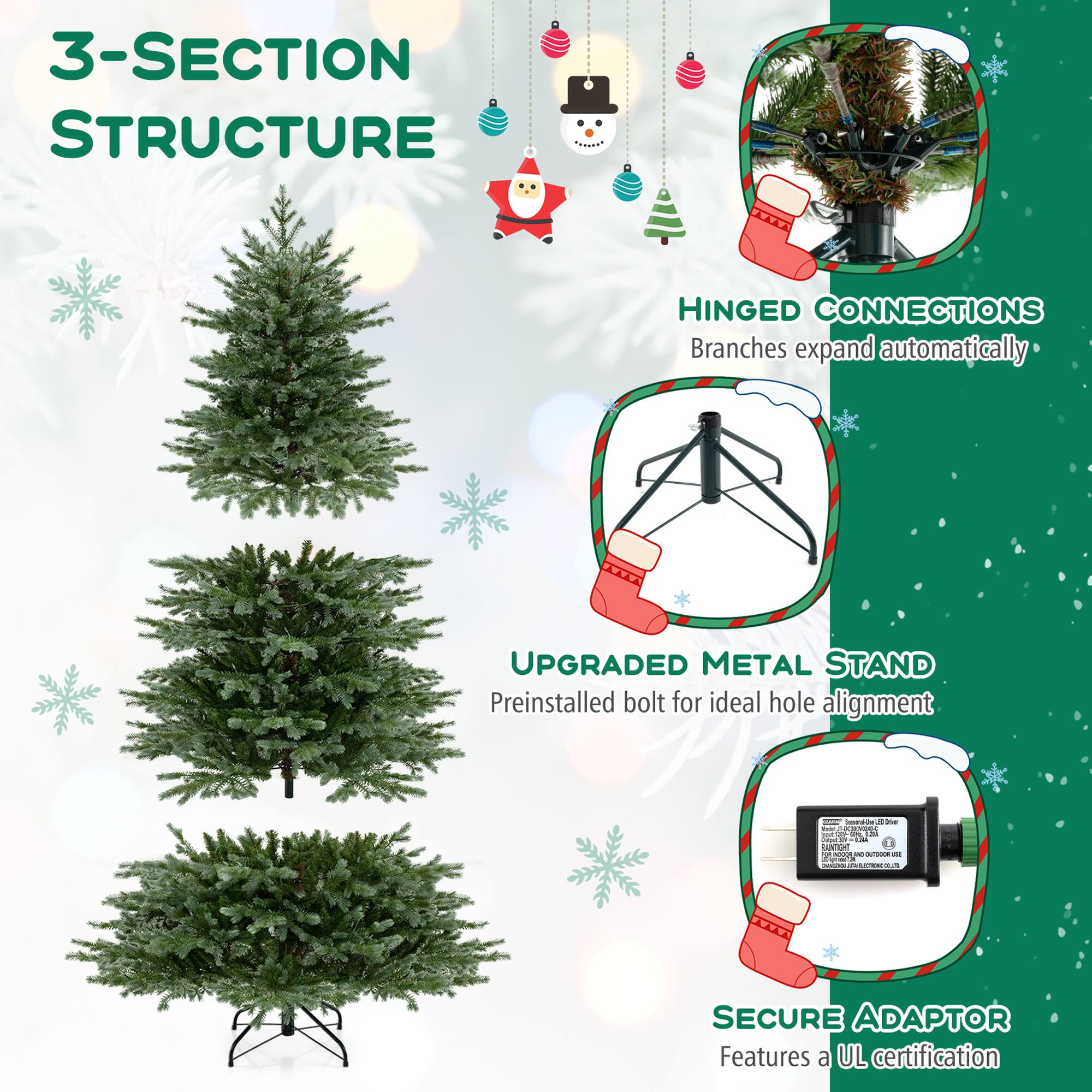 3-SECTION STRUCTURE

HINGED CONNECTIONS
Branches expand automatically

UPGRADED METAL STAND
Preinstalled bolt for ideal hole alignment

SECURE ADAPTOR
Features a UL certification
