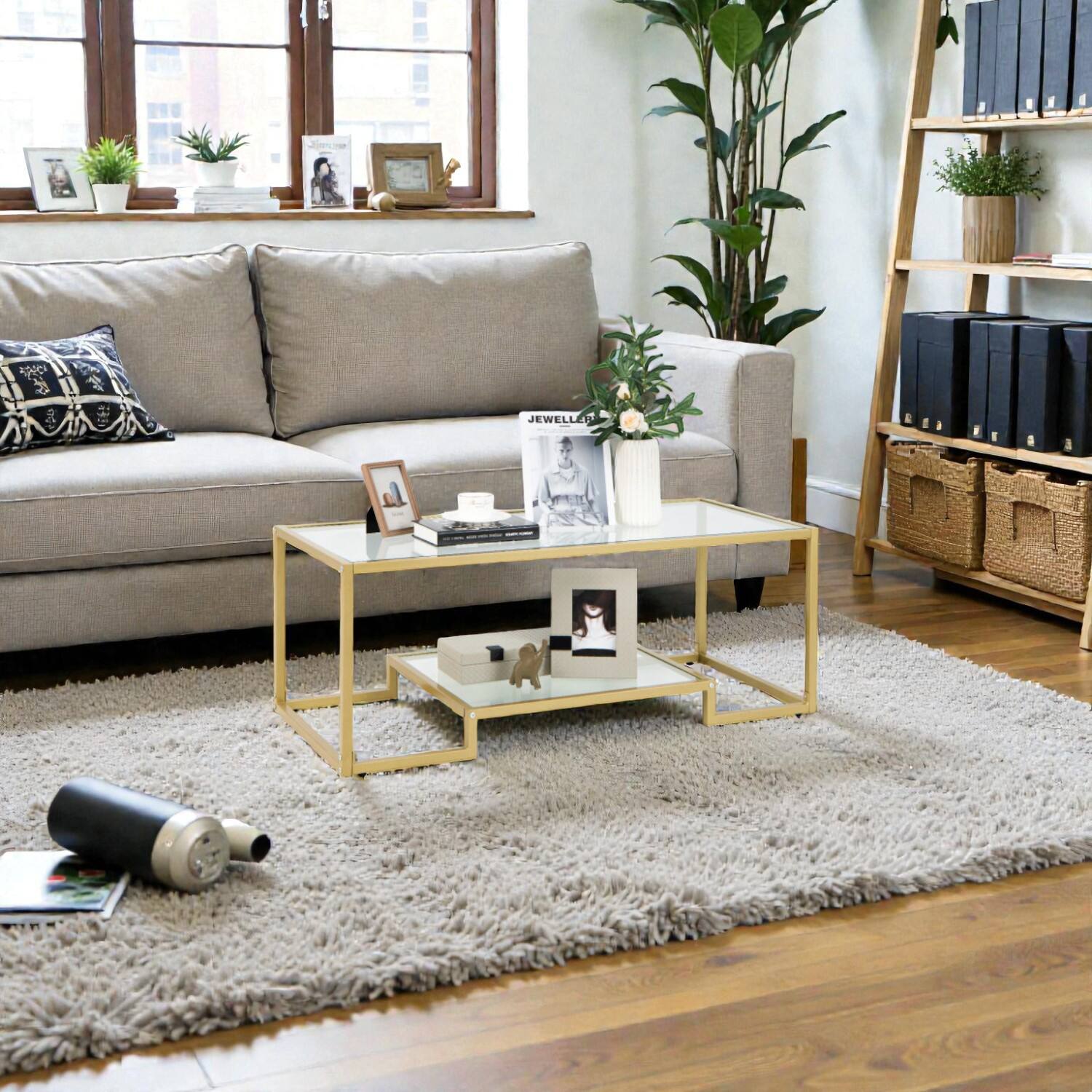 Front. Hivvago - Stylish Modern Coffee Table, Rectangular Shape with Two Glass-Tiered Levels - Golden.