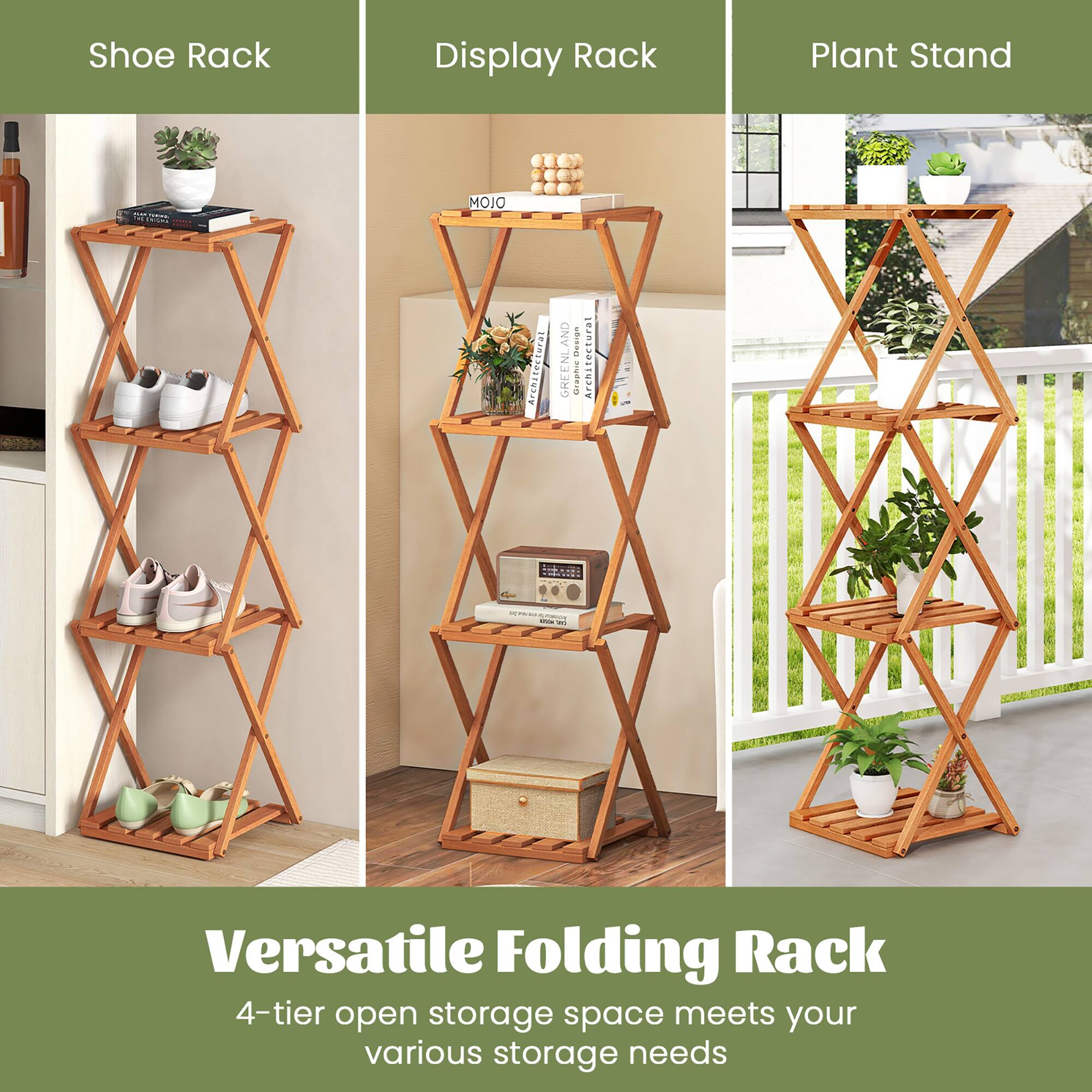 Shoe Rack Display Rack Plant Stand

Versatile Folding Rack
4-tier open storage space meets your various storage needs