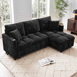Anysun - Sectional Sleeper Sofa w/ Pull-Out Bed, Chenille Cloud Couch, Storage Chaise, USB, L-Shape Modular, Apartment - Black