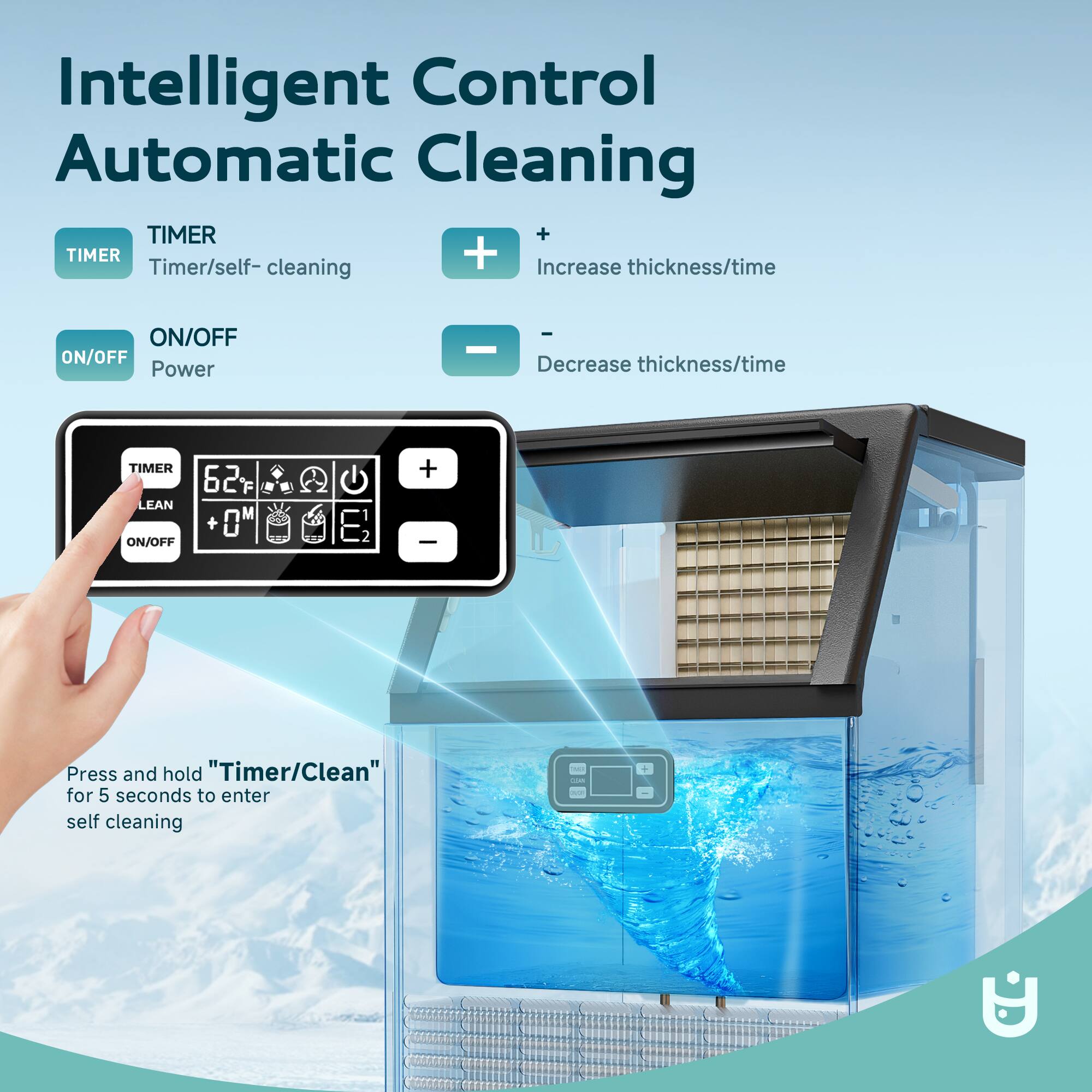 Intelligent Control Automatic Cleaning

TIMER
Timer/self-cleaning

ON/OFF
Power

Press and hold "Timer/Clean" for 5 seconds to enter self cleaning

Increase thickness/time

Decrease thickness/time