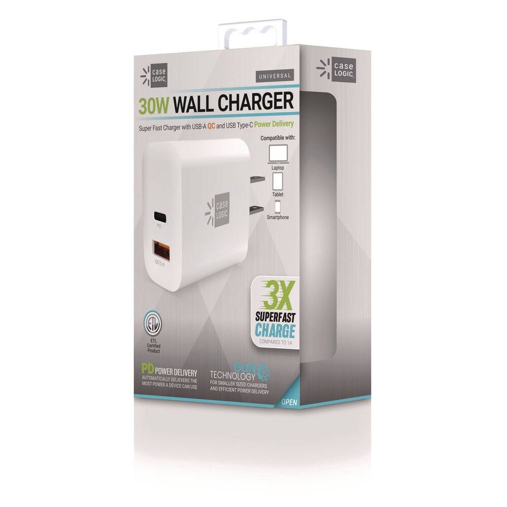 **Case Logic Universal 30W Wall Charger**
- Super Fast Charger with USB-A QC and USB Type-C Power Delivery
- Compatible with: Laptop, Tablet, Smartphone
- 3X Superfast Charge Compared to 1A
- PD Power Delivery: Automatically delivers the most power a device can use
- GaN Technology: For smaller sized chargers and efficient power delivery
- ETL Certified Product