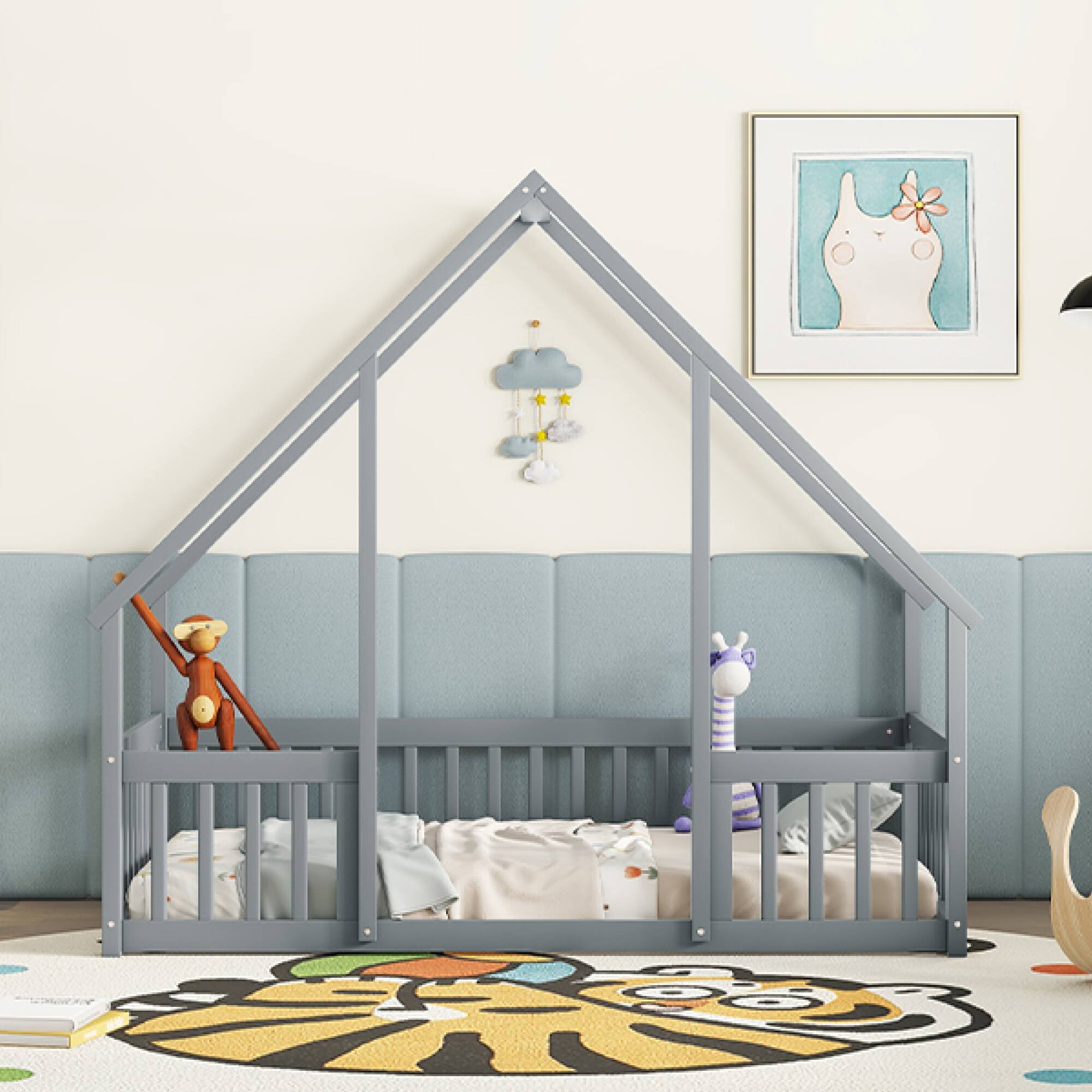 Alt View 9. GOODSILO - House-Shaped Twin Floor Bed with Safety Fence and Guardrails for Children's Playful Sleep Space - Grey.