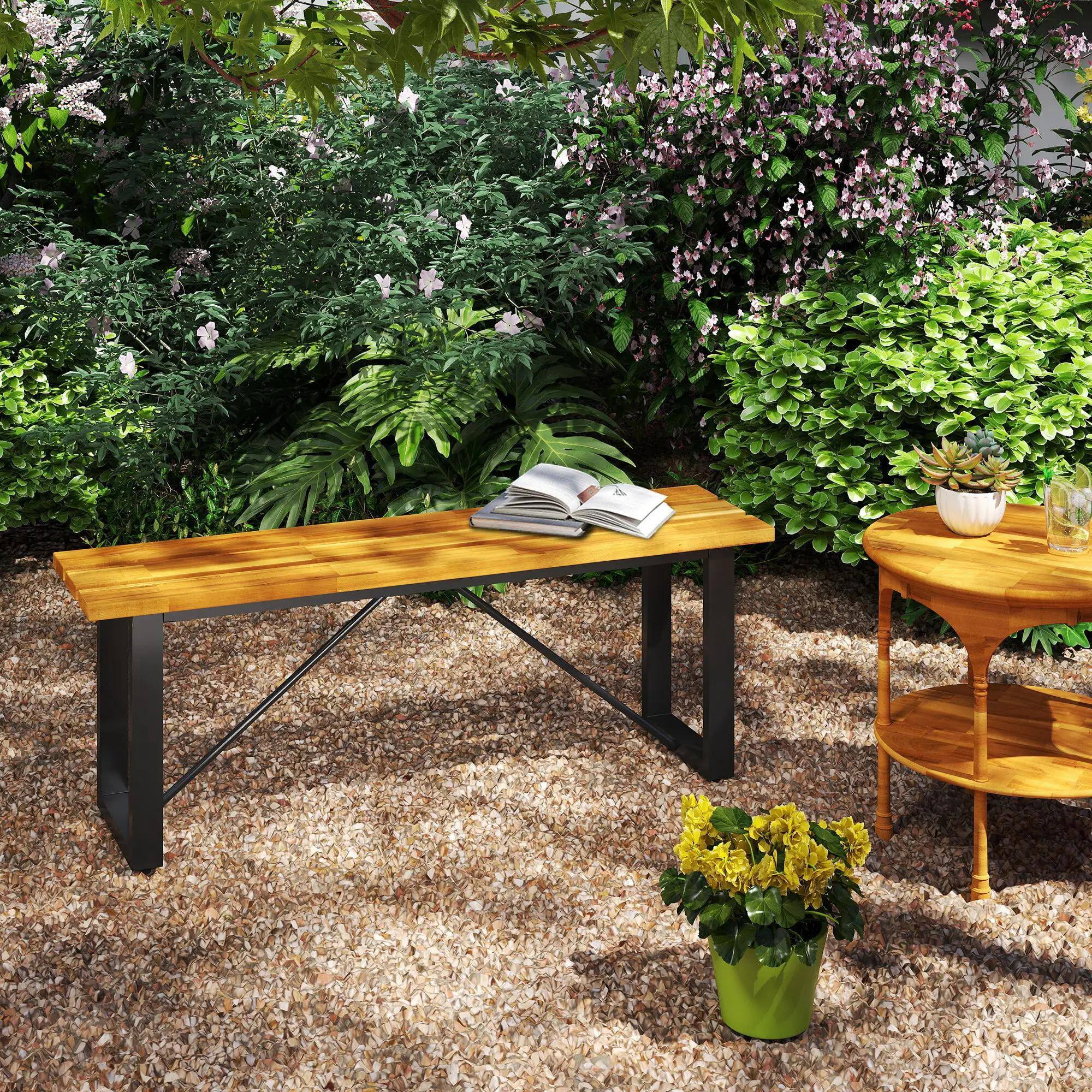 Resenkos Acacia Bench, Seater Backless Outdoor Loveseat, Slatted