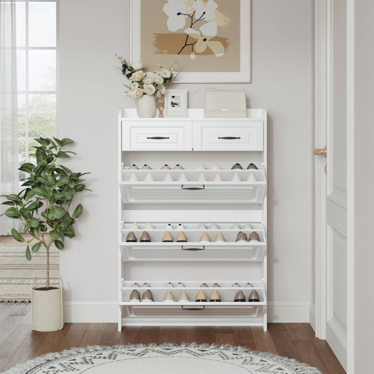 Alt View 1. HTUTWOO - Freestanding  Shoe Storage Cabinet with 3 Flip Drawers & 2 Drawers,Shoe Cabinet with Adjustable Shelf,for Entryway - White.