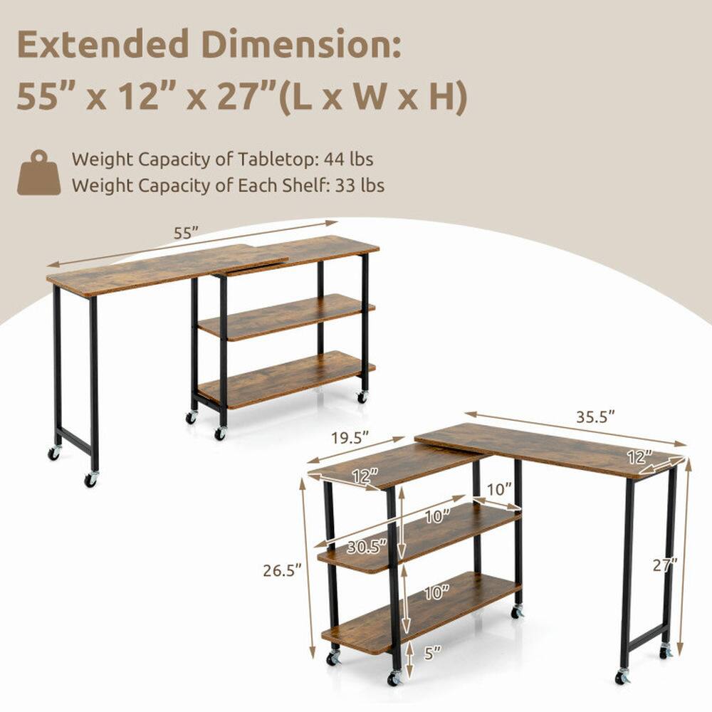 Extended Dimension: 55" x 12" x 27" (L x W x H)  
Weight Capacity of Tabletop: 44 lbs  
Weight Capacity of Each Shelf: 33 lbs  

55"  
26.5"  
19.5"  
12"  
30.5"  
10"  
10"  
10"  
35.5"  
12"  
27"  
5"