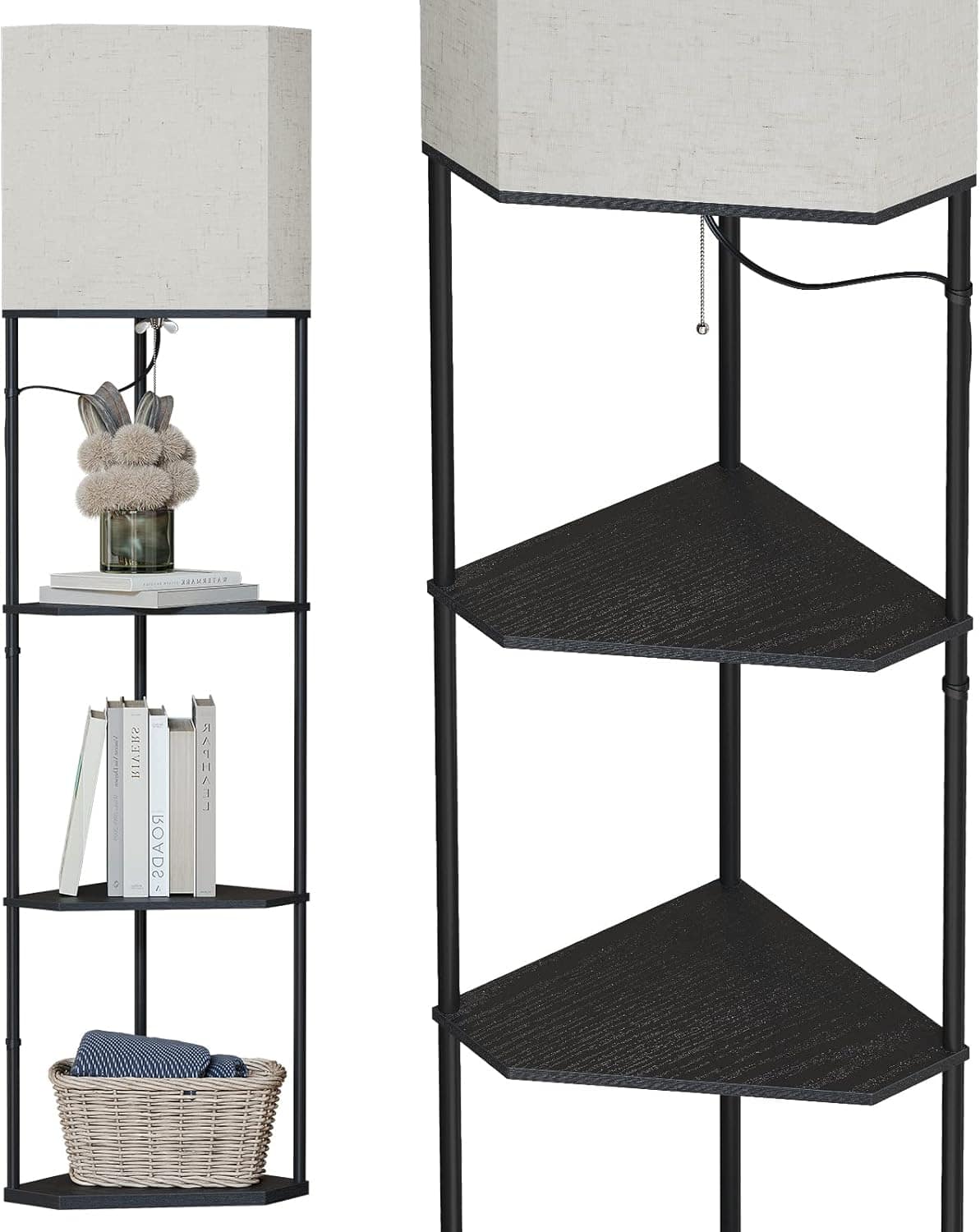 Cozy Serene - white Floor Lamp Bulb Smart Dimmable LED fabric with Shelves Control Standing Lamps Tier Living Room - Black（Fan-shaped）