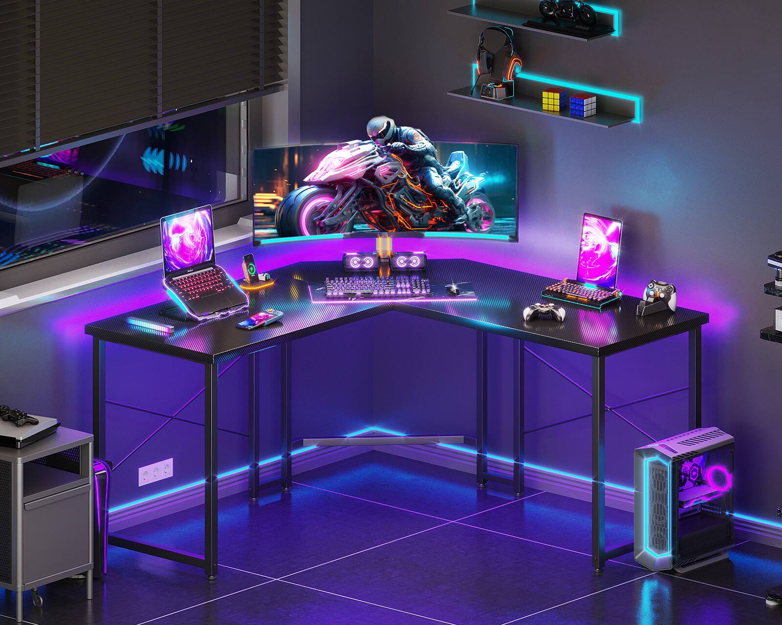 Alt View 1. AODK - 51" L Shaped Gaming Desk,Corner Gaming Table with Carbon Fiber Surface,Computer Desk for Home Office and Small Space - Carbon Fiber Surface, Black.