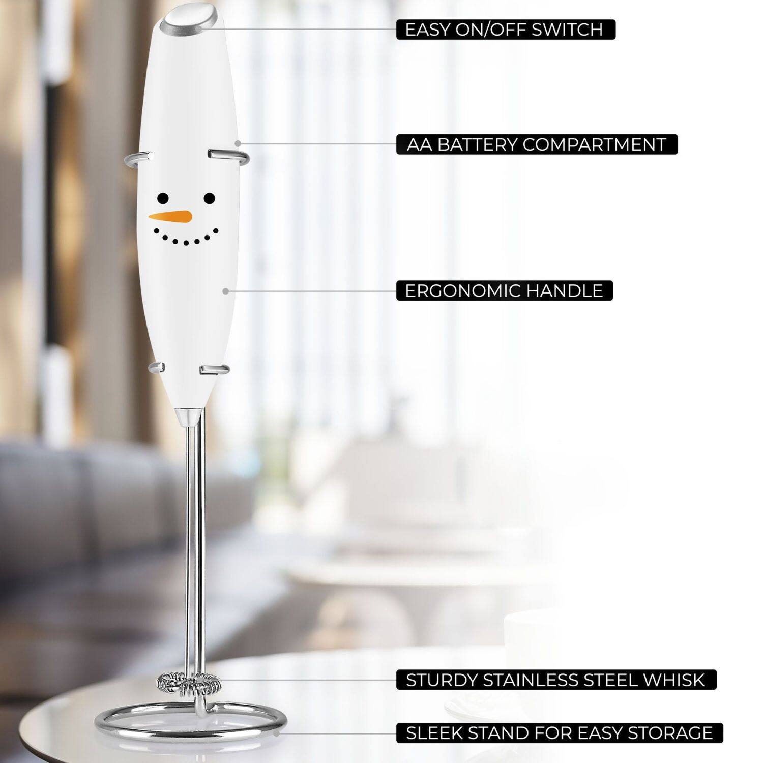 EASY ON/OFF SWITCH, AA BATTERY COMPARTMENT, ERGONOMIC HANDLE, STURDY STAINLESS STEEL WHISK, SLEEK STAND FOR EASY STORAGE