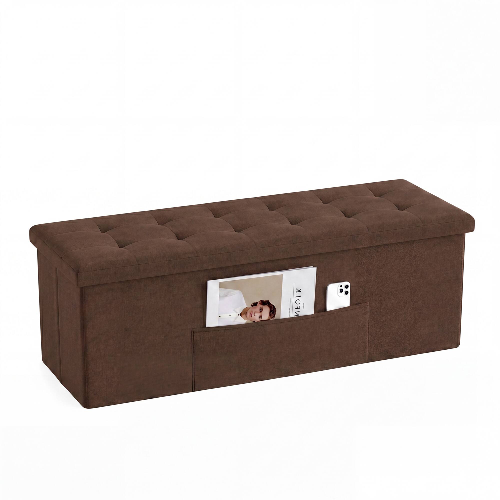 Alt View 7. Costway - Costway 43" Folding Storage Ottoman Bench, Linen End of Bed Bench with Padded Seat, Pocket - Brown.