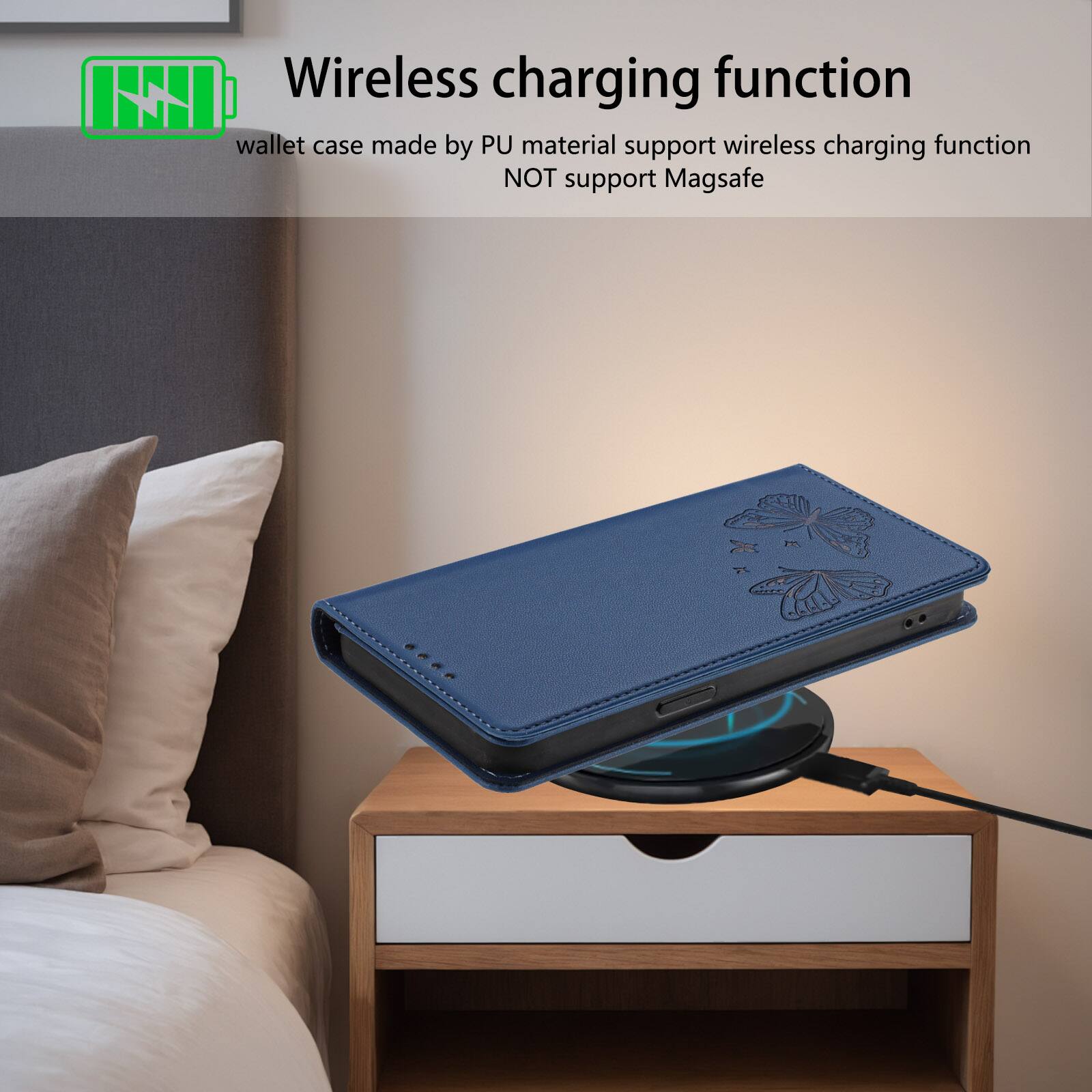 Wireless charging function

wallet case made by PU material support wireless charging function NOT support Magsafe