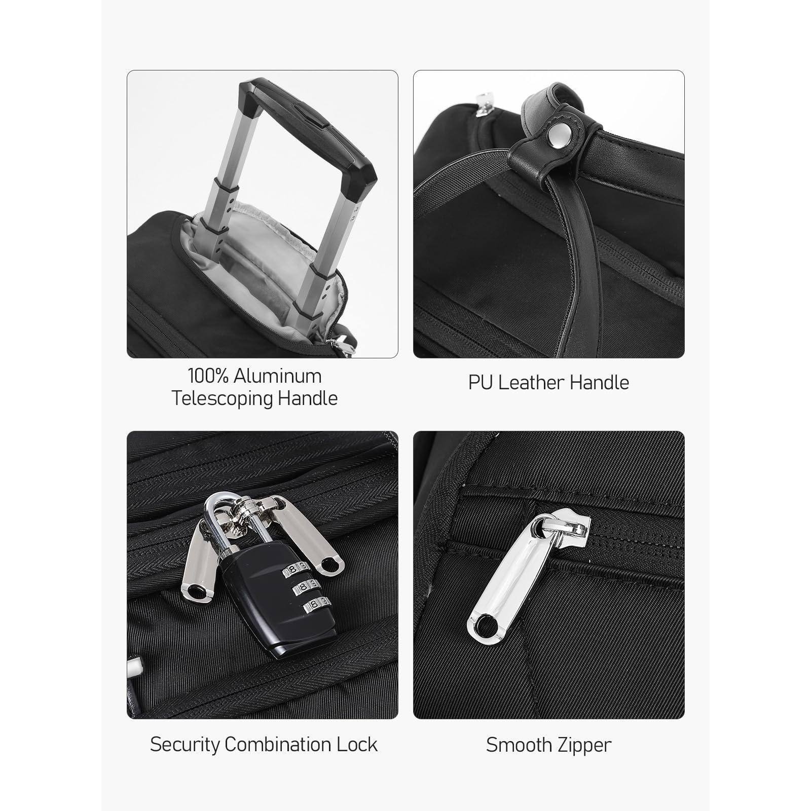 1. 100% Aluminum Telescoping Handle
2. PU Leather Handle
3. Security Combination Lock
4. Smooth Zipper
